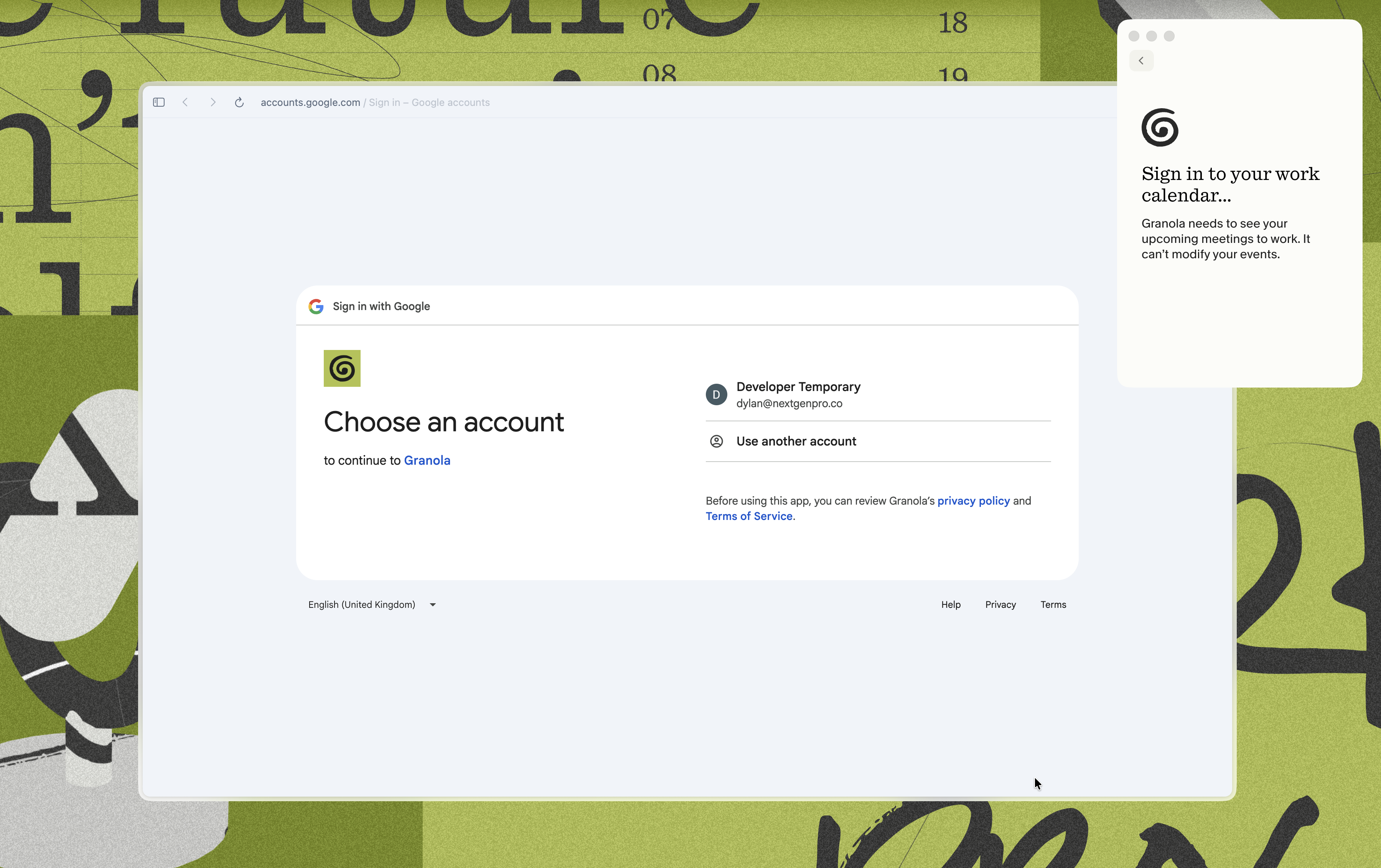 Browser tab opened to complete sign-in with Google or Microsoft