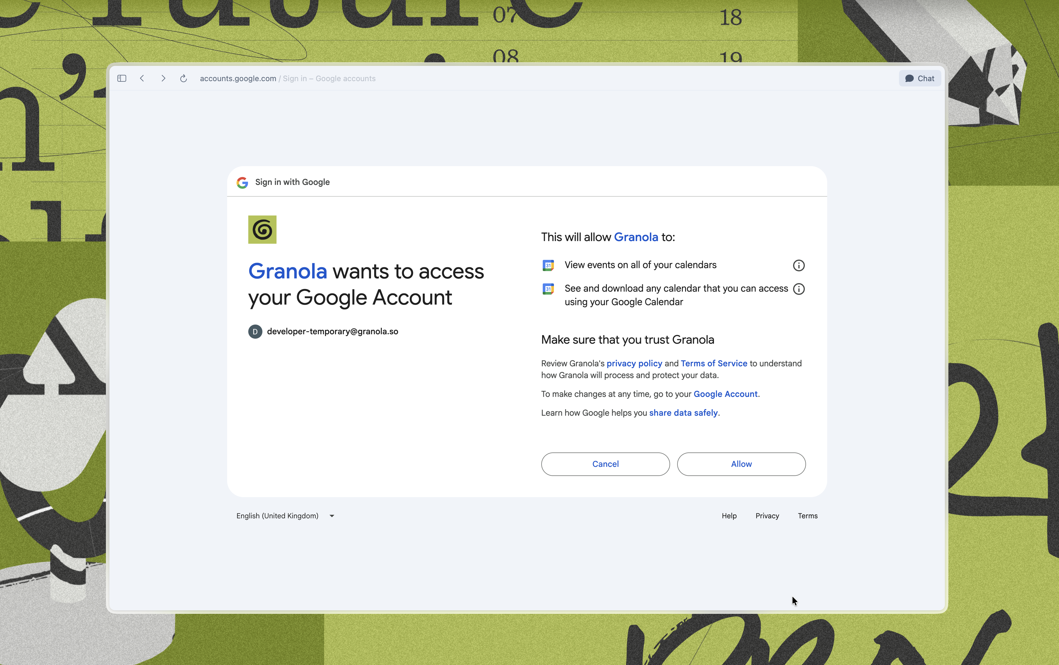 Calendar permissions prompt with option to select all
