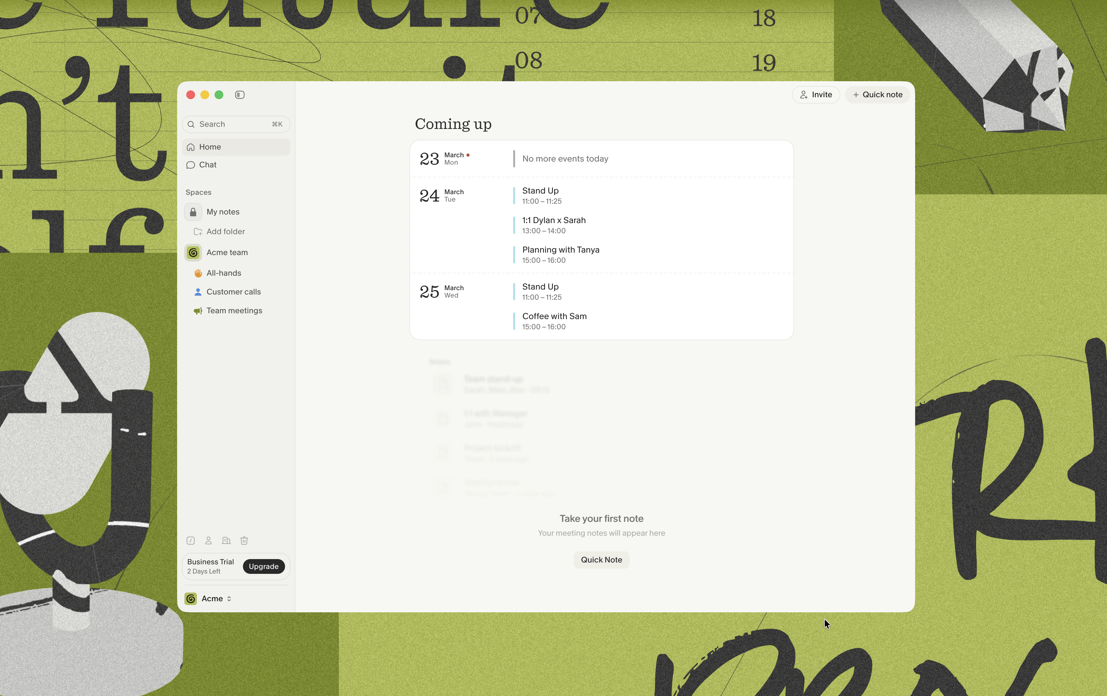 Granola home view with upcoming meetings and the demo note