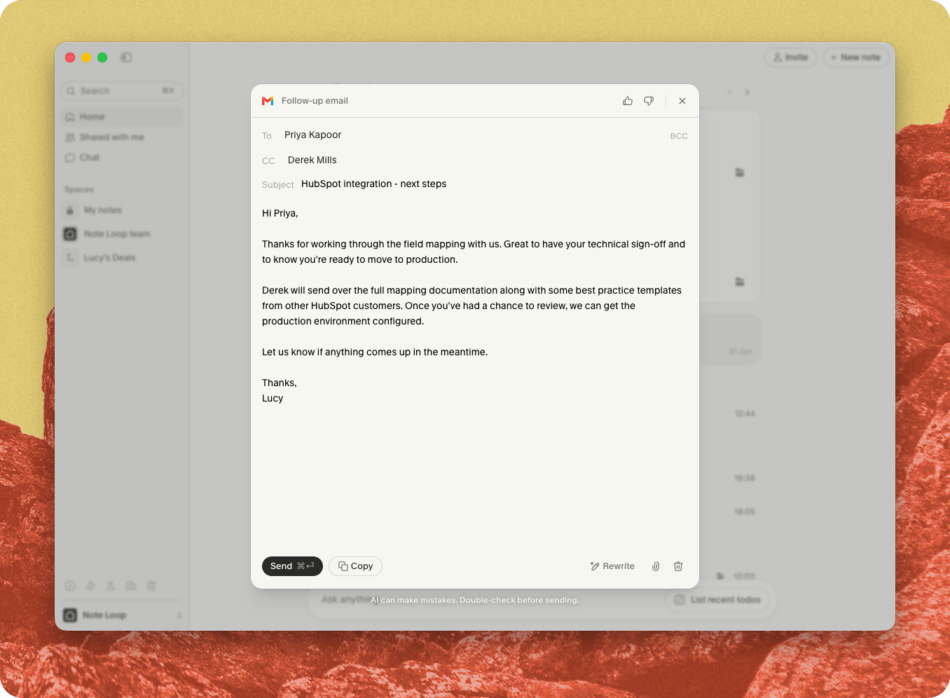 A follow-up email draft open in the composer, showing recipients, subject, body, and Send button.