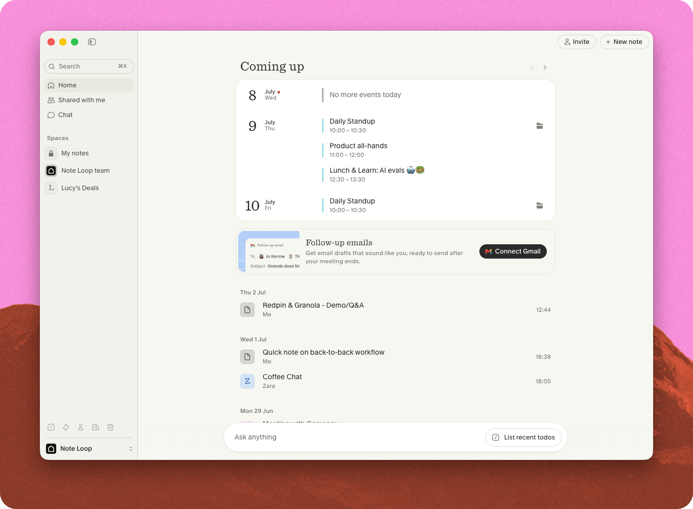 The home screen "Follow-up emails" banner with the Connect Gmail button.