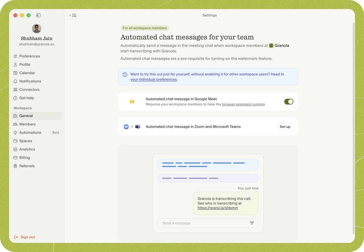 The workspace "Automated chat messages for your team" settings page with Automated chat message in Google Meet enabled.