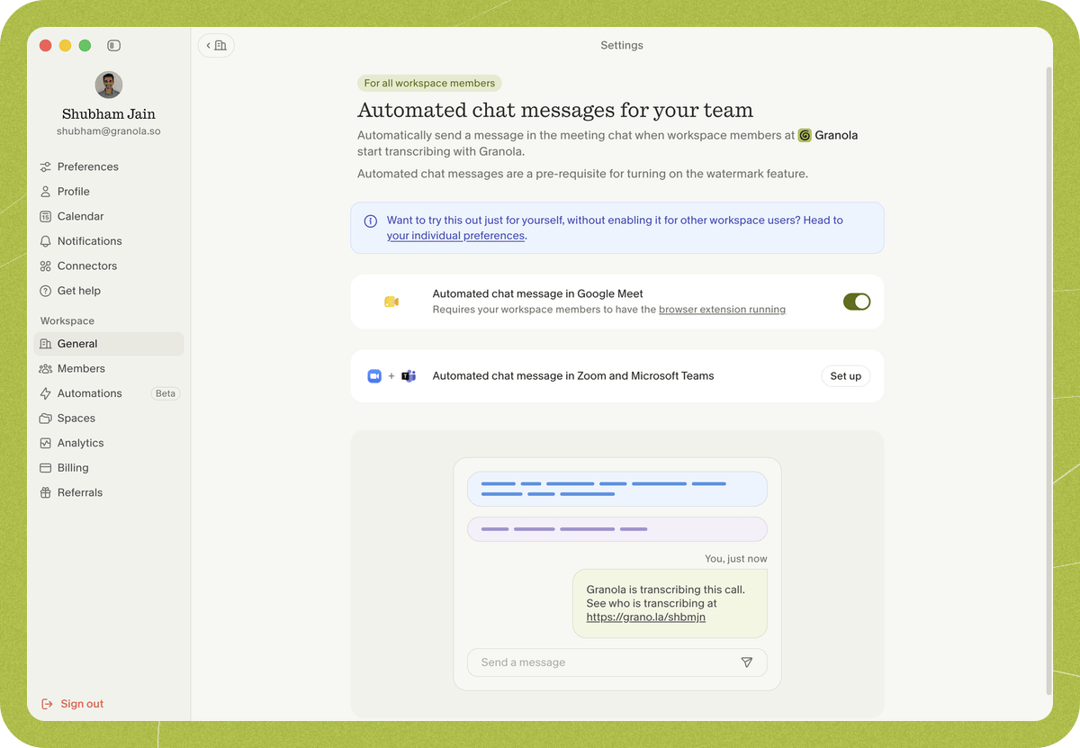 The workspace "Automated chat messages for your team" settings page with Automated chat message in Google Meet enabled.