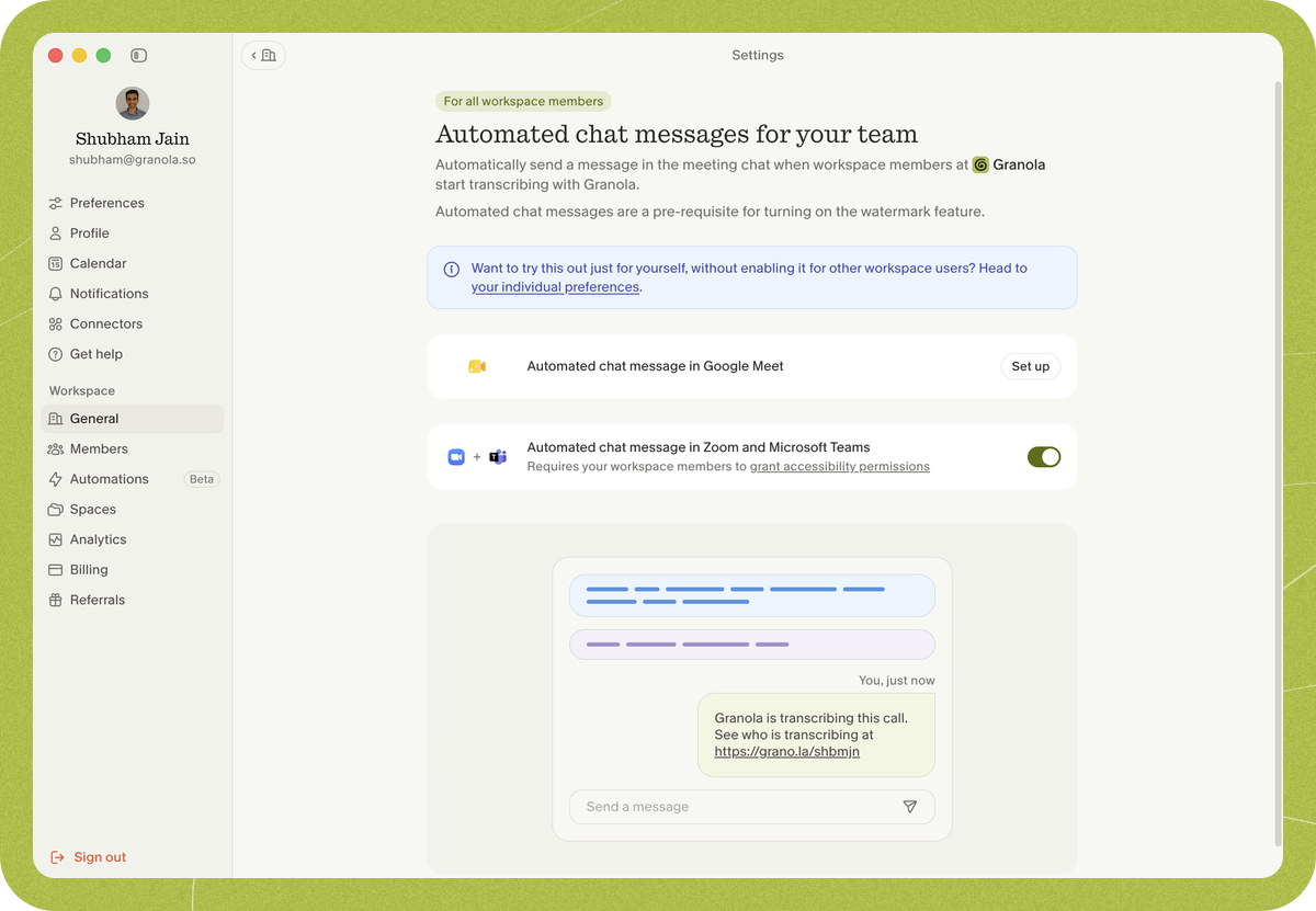 The workspace "Automated chat messages for your team" settings page with Automated chat message in Zoom and Microsoft Teams enabled.