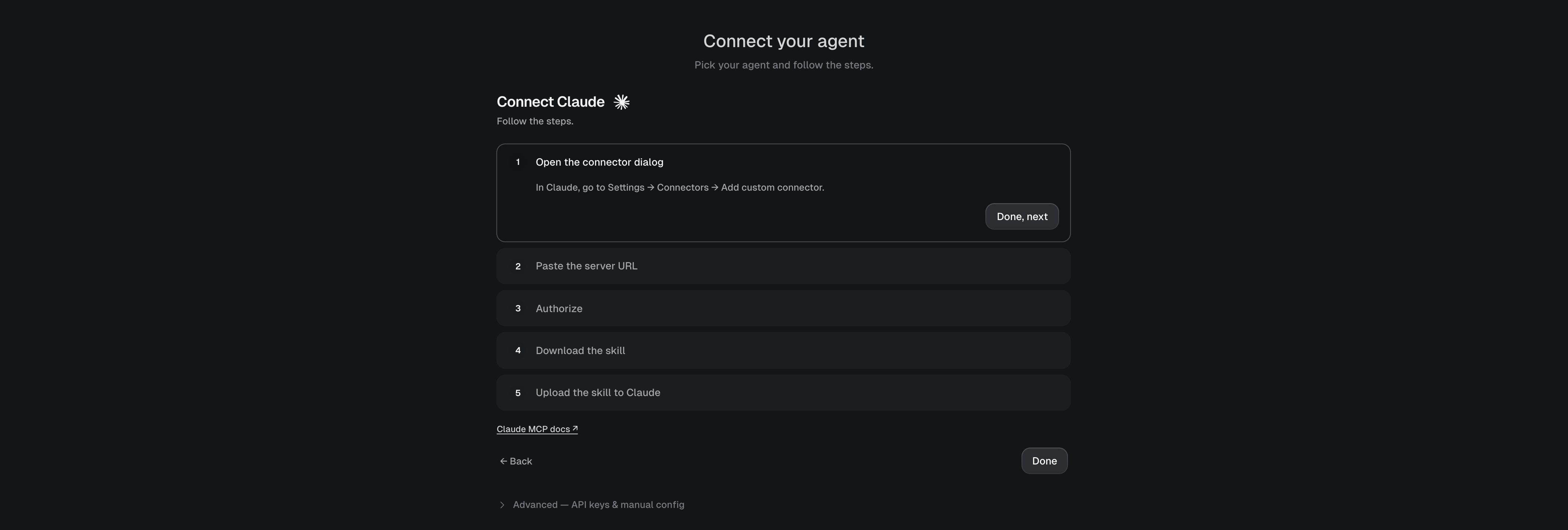 The Agents page walks the connect + skill steps one at a time