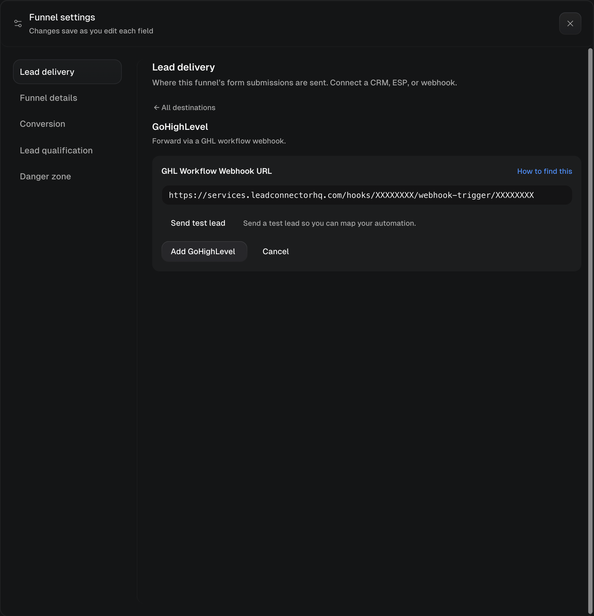 Paste the GHL webhook URL, then Send test lead