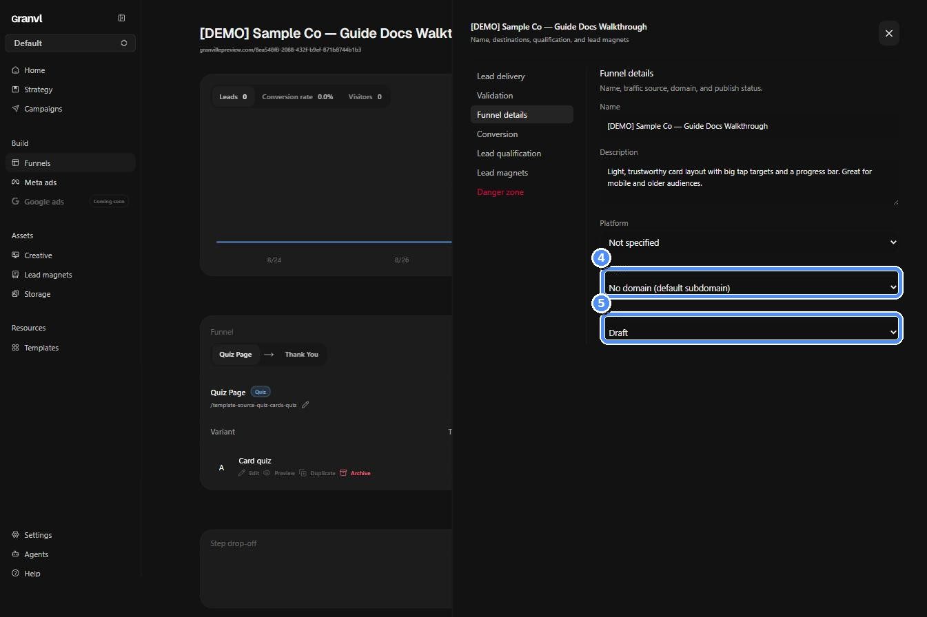 Funnel settings panel with domain and status dropdowns