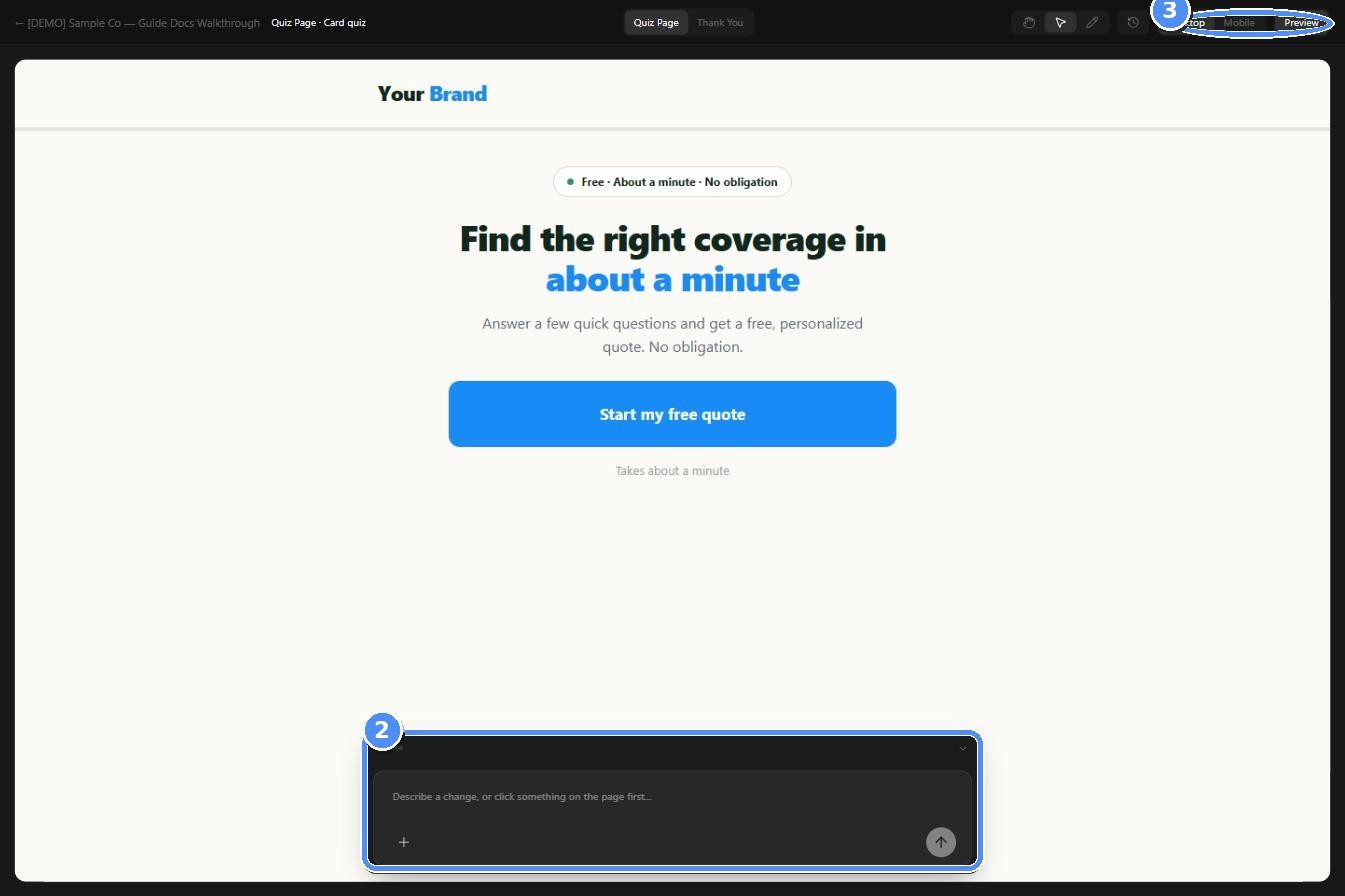 Page editor with the AI chat panel