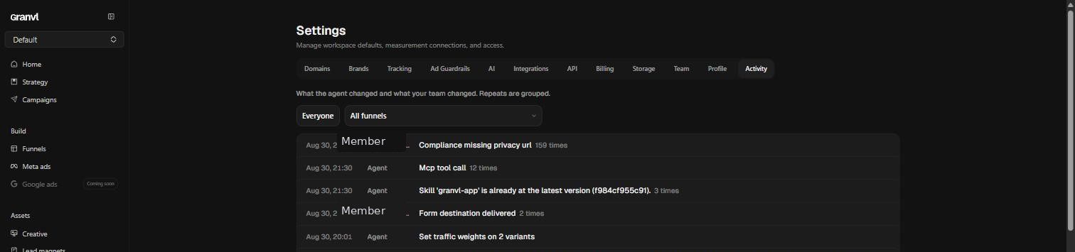 Settings Activity tab showing agent and member entries in one audit log