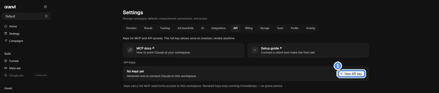 Settings API tab with key management