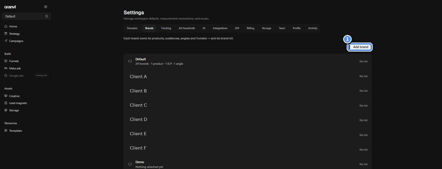 Settings Brands tab listing brands in the workspace