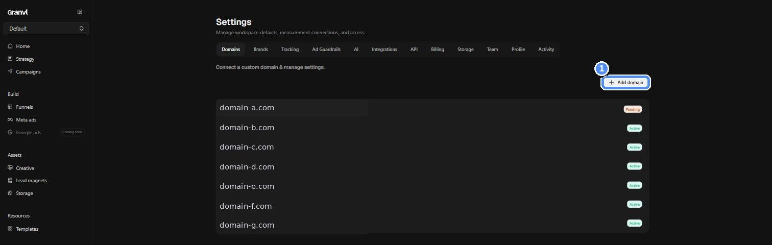 Settings Domains tab listing connected domains and status