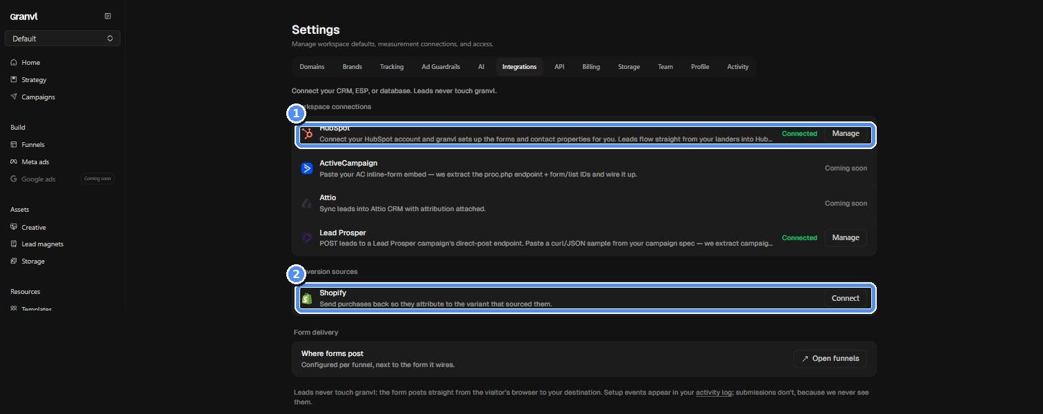 Settings Integrations tab with CRM and Shopify connections