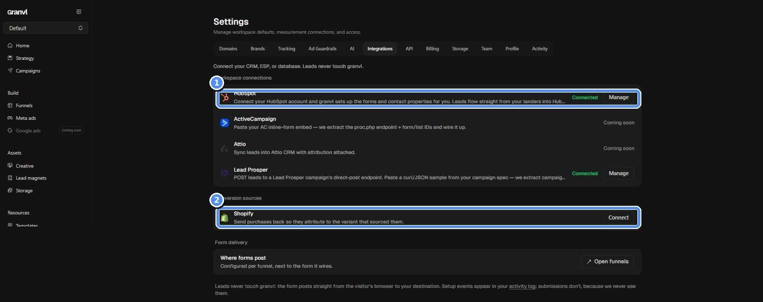 Settings Integrations tab showing CRM connections and Shopify
