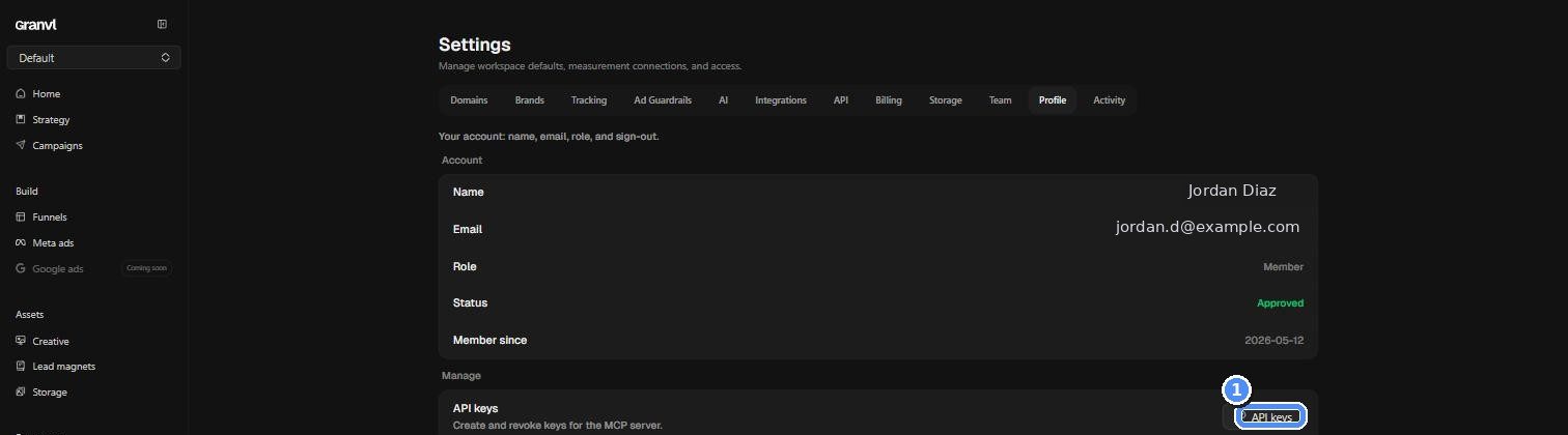 Settings Profile tab showing account details