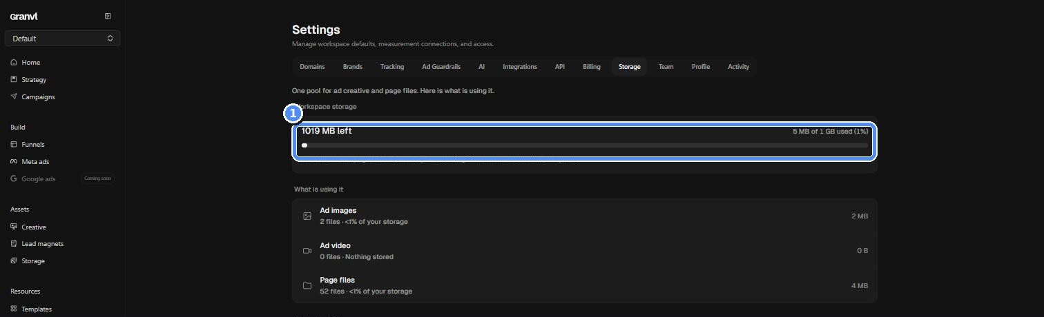 Settings Storage tab showing usage against quota