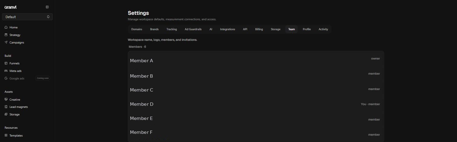 Settings Team tab listing members and roles