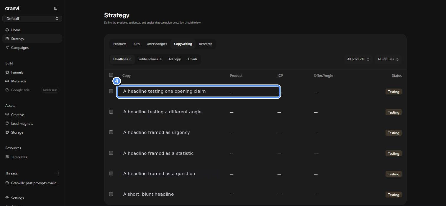 The Strategy screen's Copywriting tab