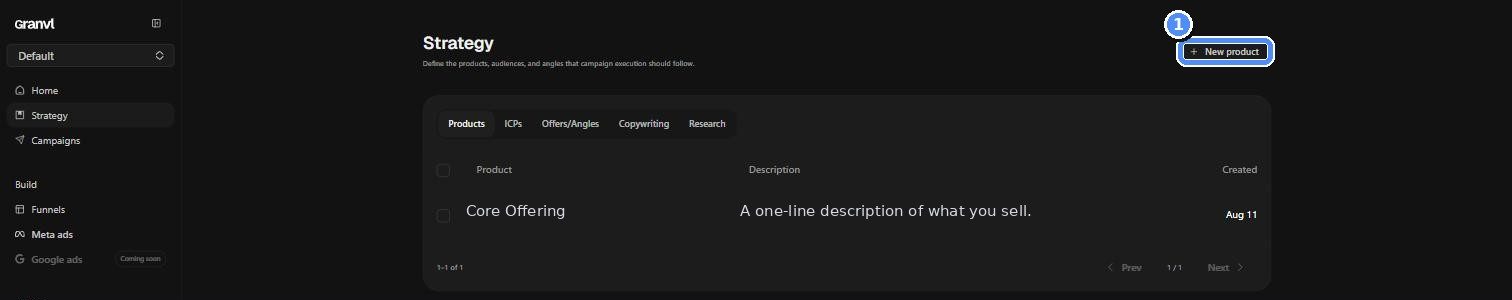 The Strategy screen's Products tab
