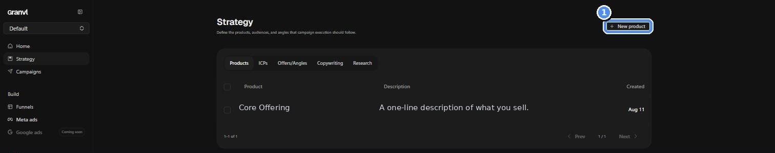 The Strategy screen's Products tab