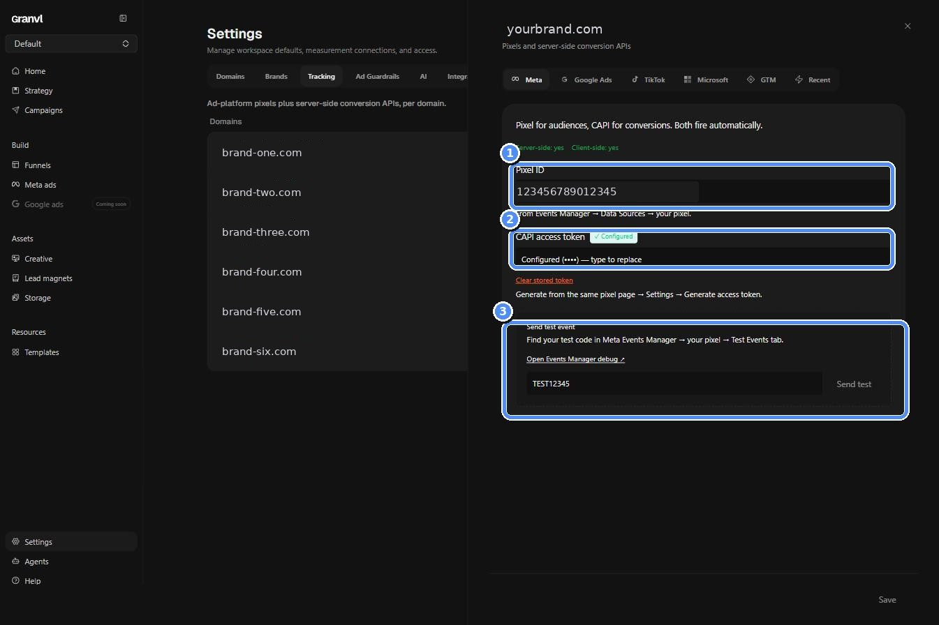 Meta pixel configuration panel with a test event box