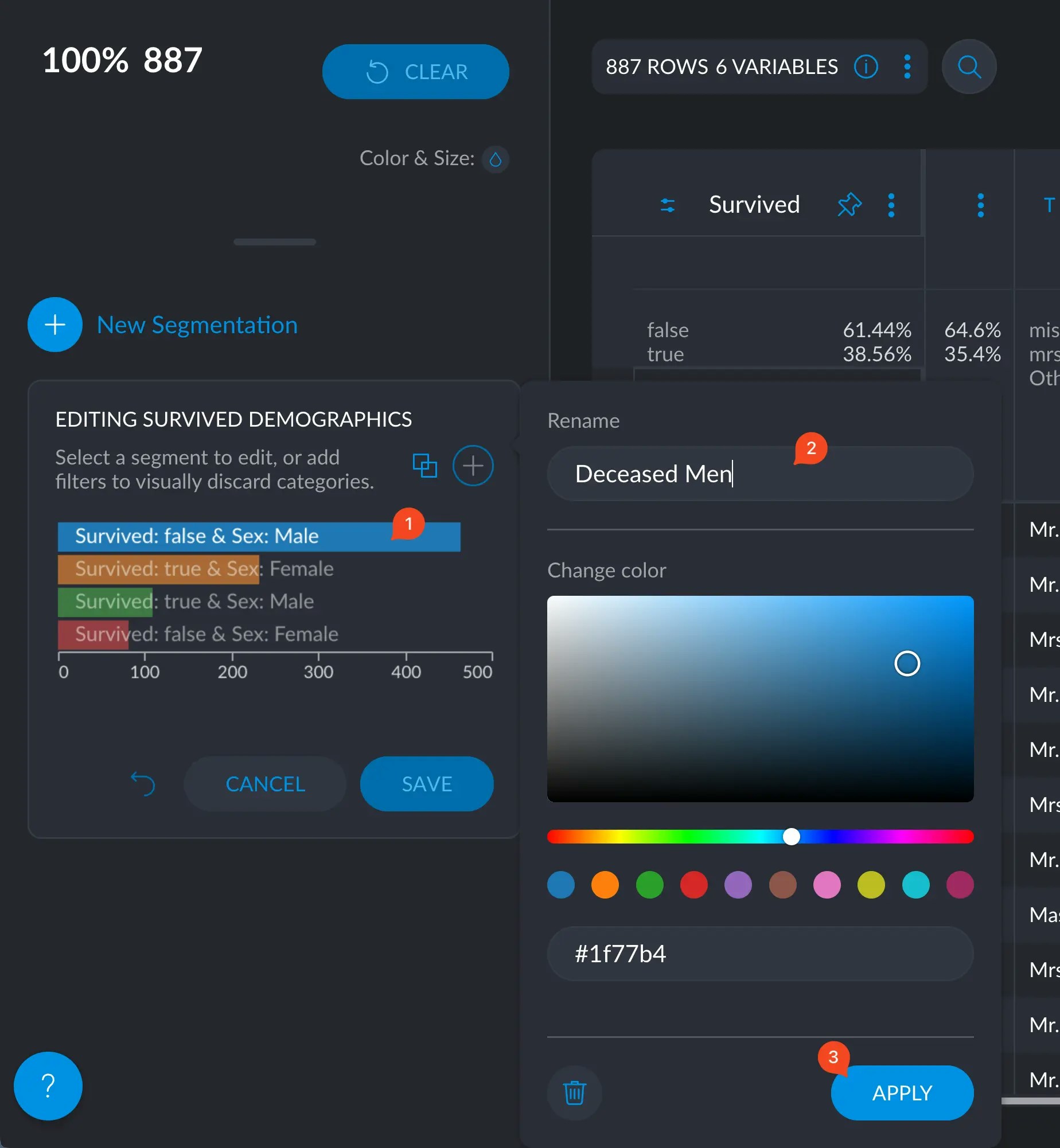Edit properties of
segment