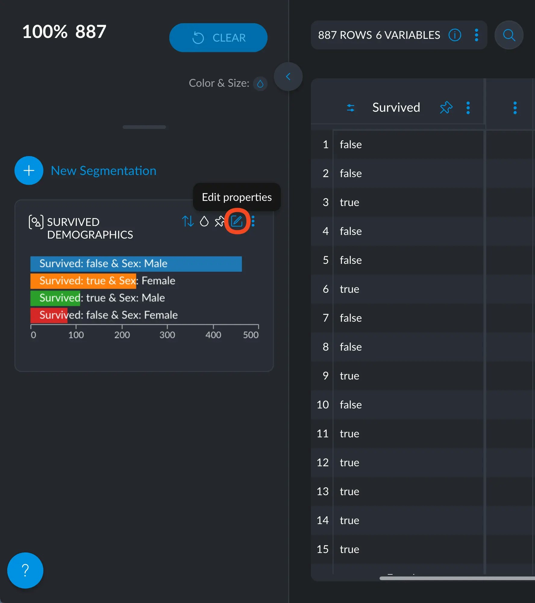 Edit properties of
segment