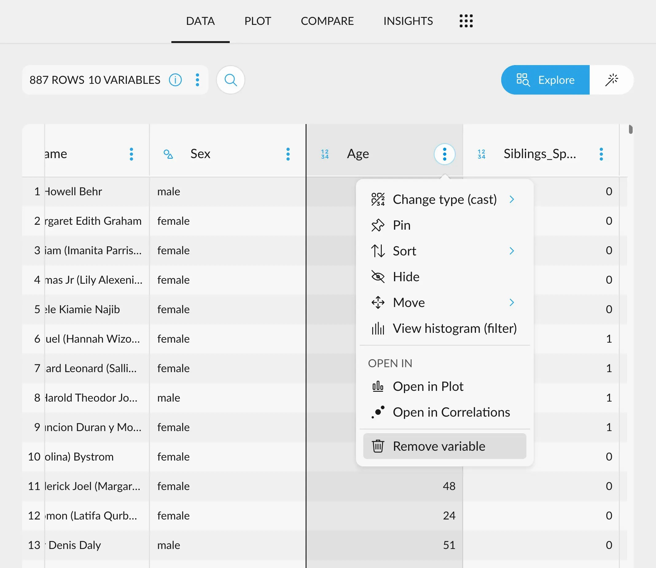 Delete variable data
table