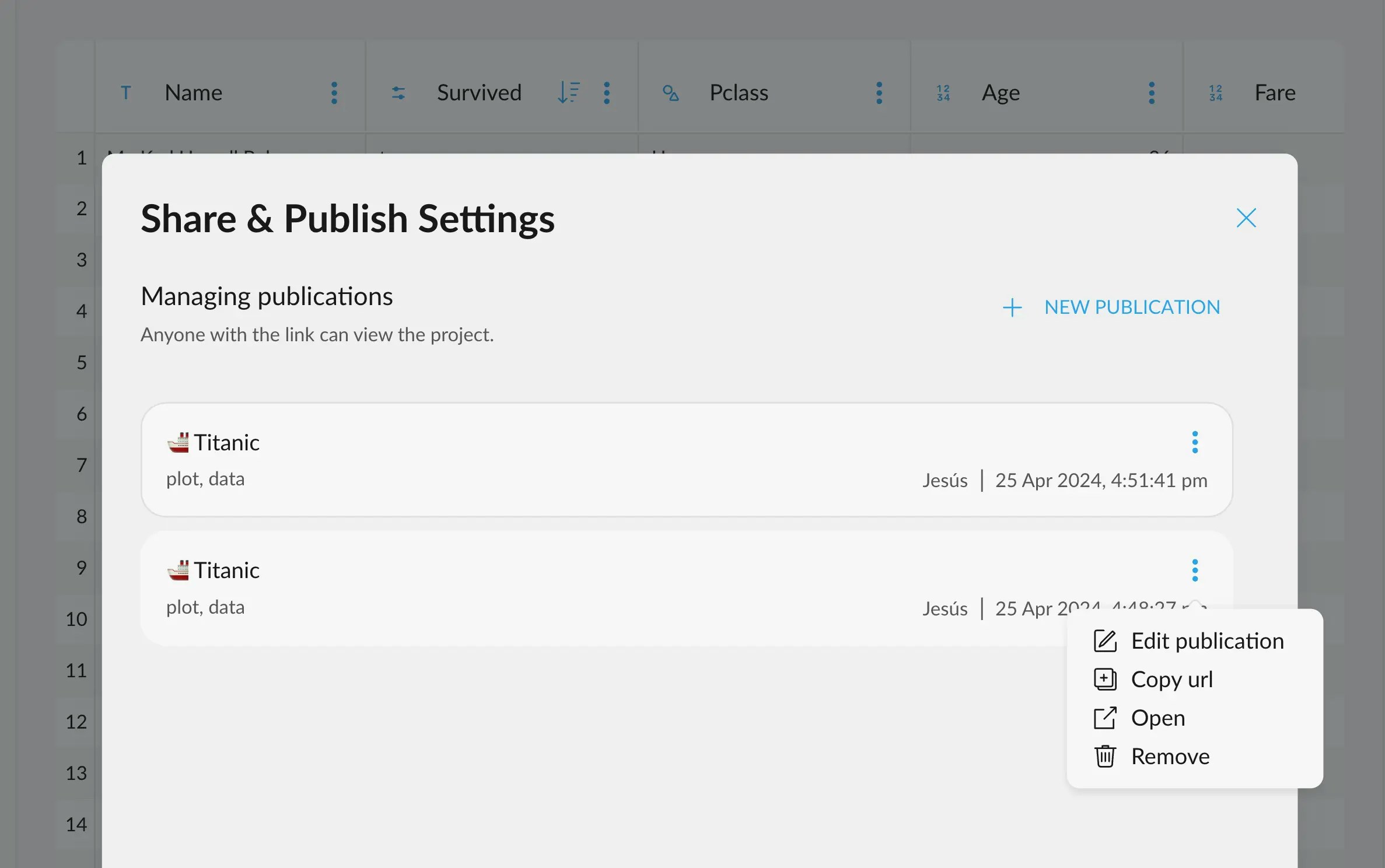 Manage publications menu