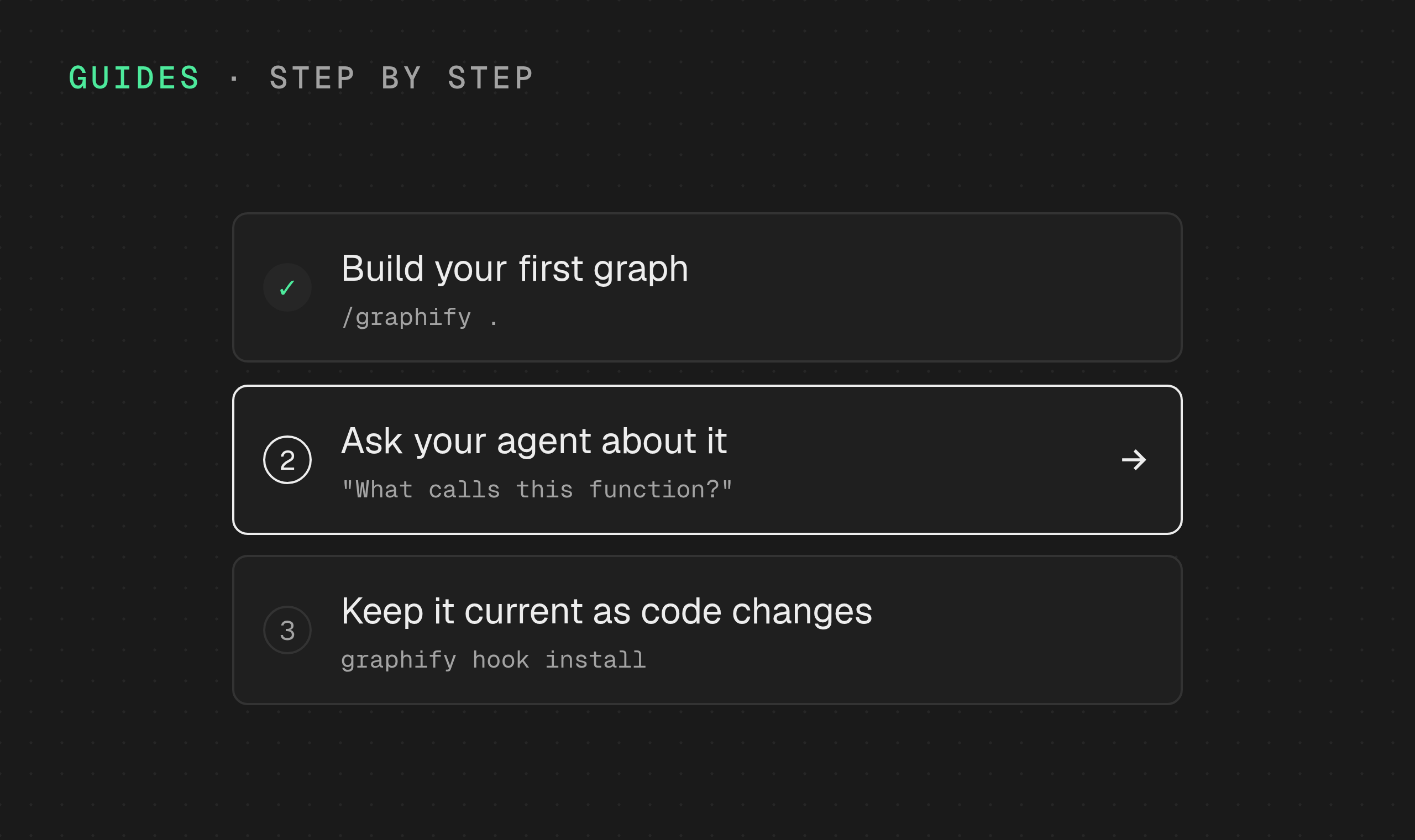 Three guide steps: build your first graph, ask your agent about it, keep it current as code changes