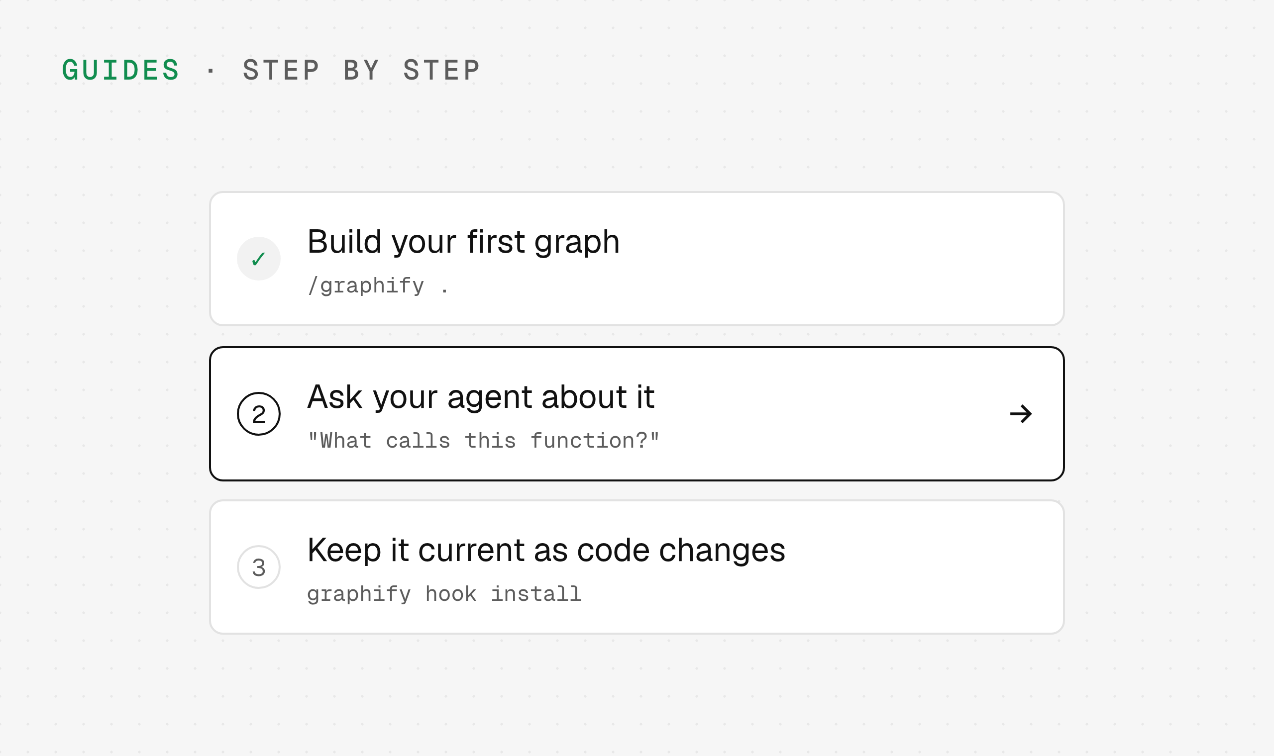 Three guide steps: build your first graph, ask your agent about it, keep it current as code changes