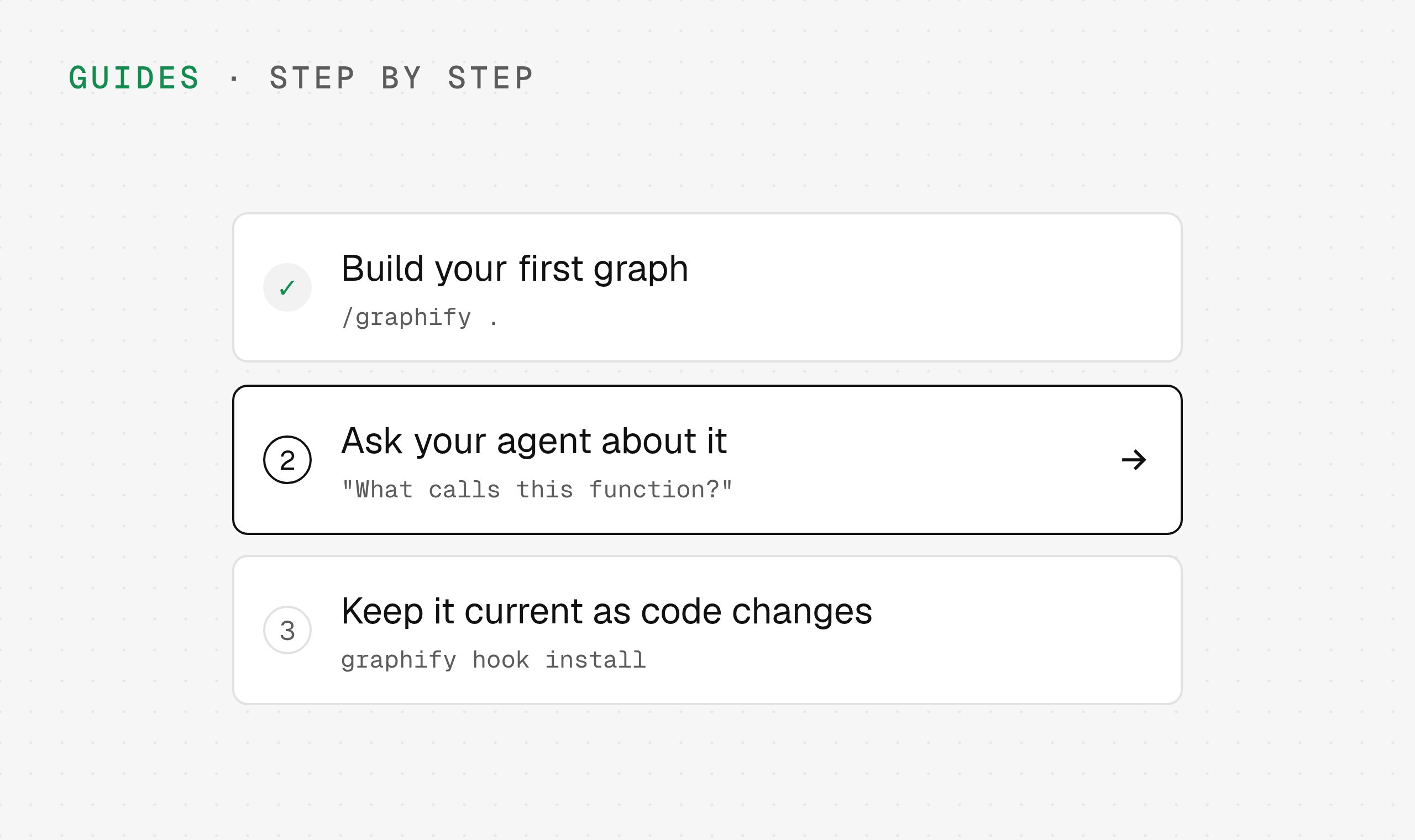 Three guide steps: build your first graph, ask your agent about it, keep it current as code changes