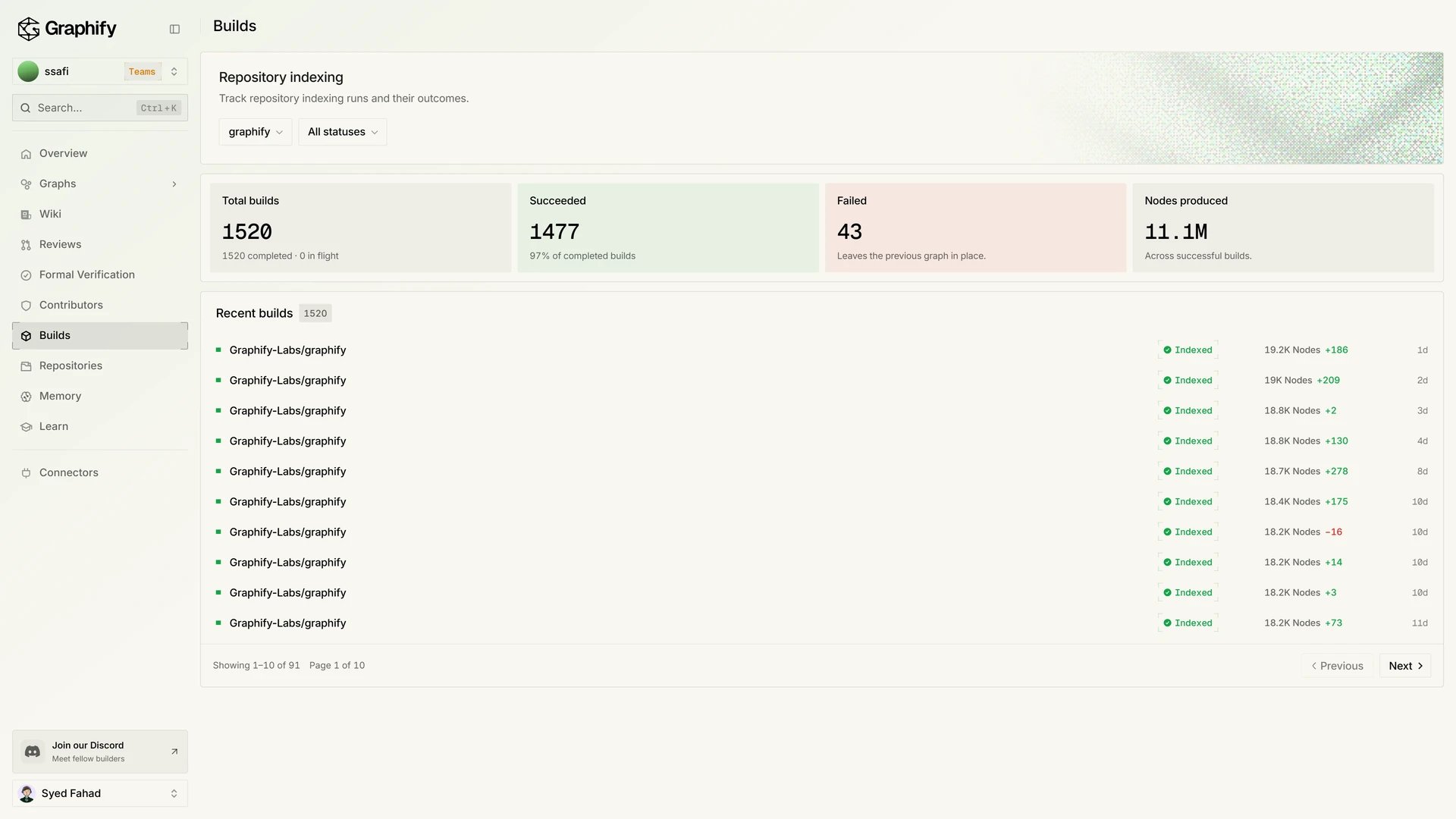 Builds with indexing totals and a list of recent indexing runs