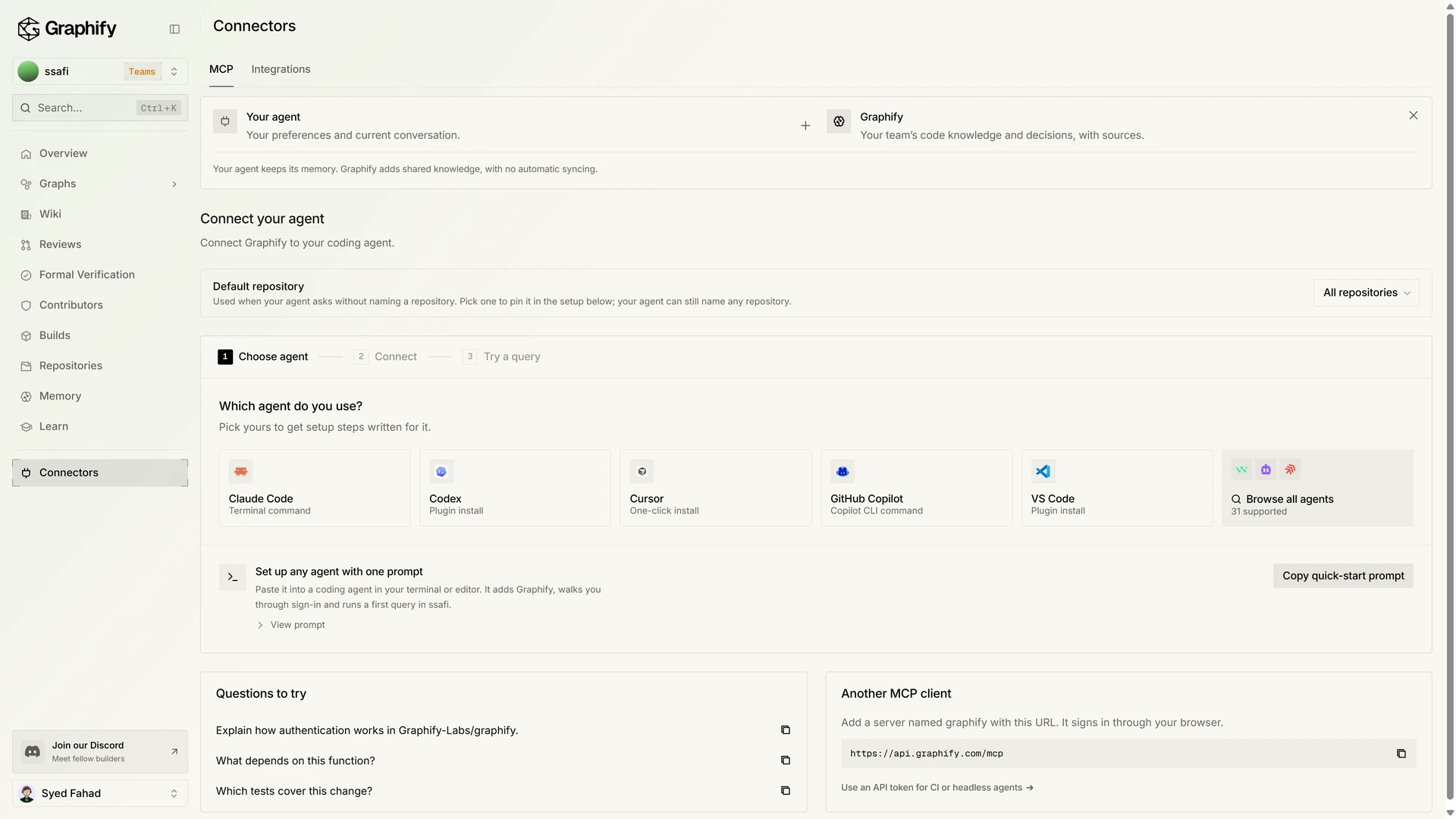 Connectors MCP tab on Choose agent, with Claude Code, Codex, and Cursor