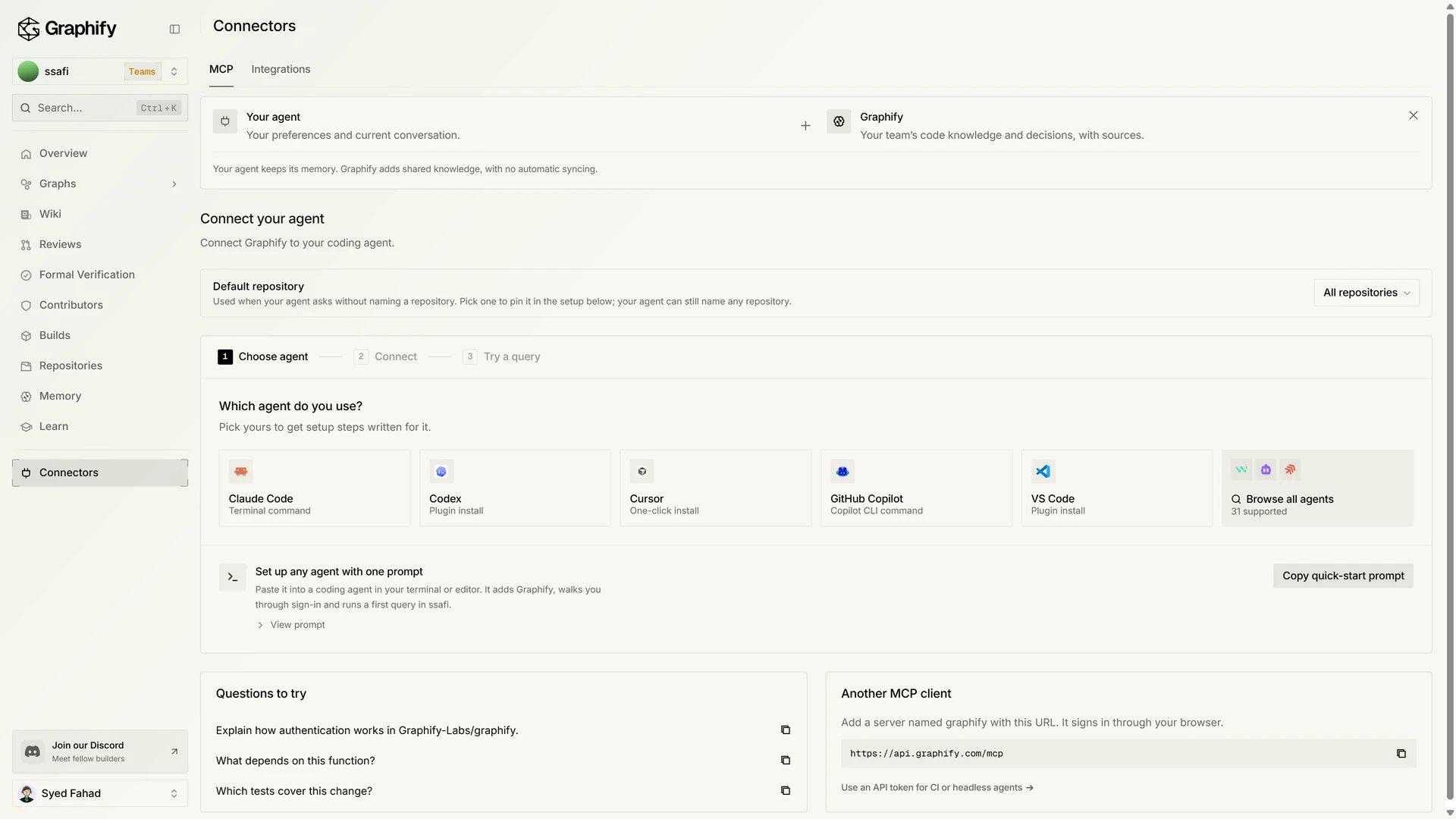 Connectors MCP tab on Choose agent, with Claude Code, Codex, and Cursor