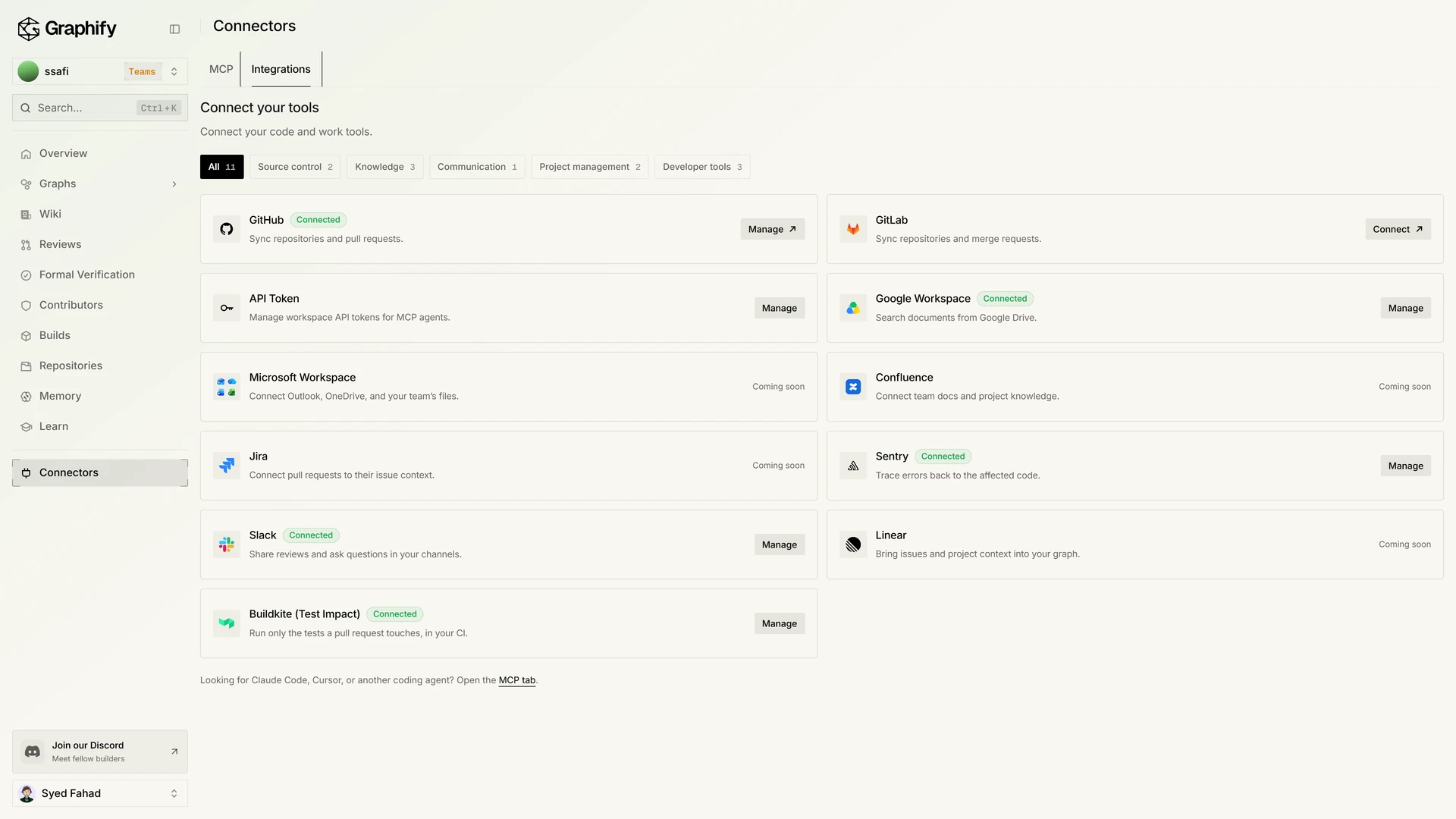 Connectors Integrations tab with GitHub, Google Workspace, and other tool tiles