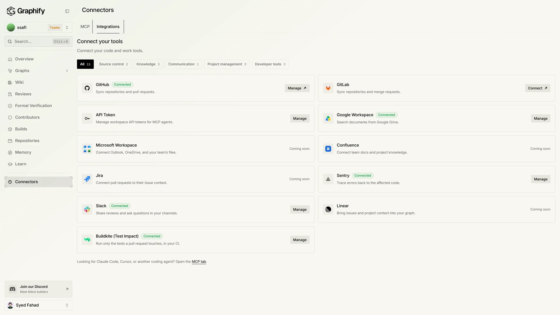 Connectors Integrations tab with GitHub, Google Workspace, and other tool tiles