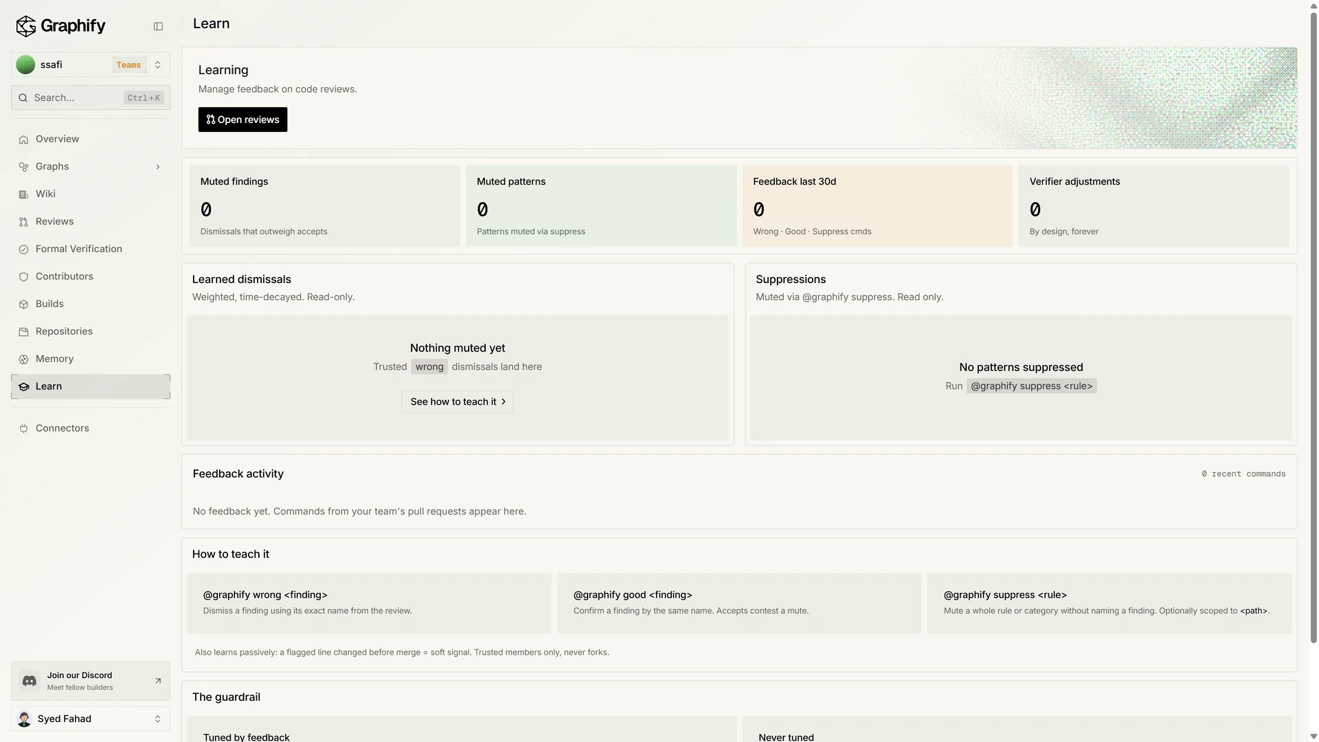 Learn page with muted findings, learned dismissals, and suppressions