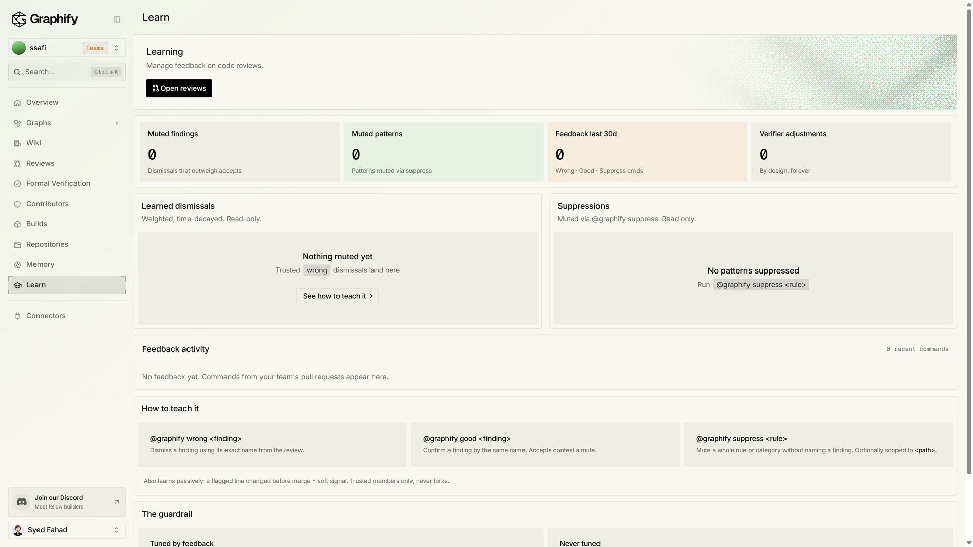 Learn page with muted findings, learned dismissals, and suppressions
