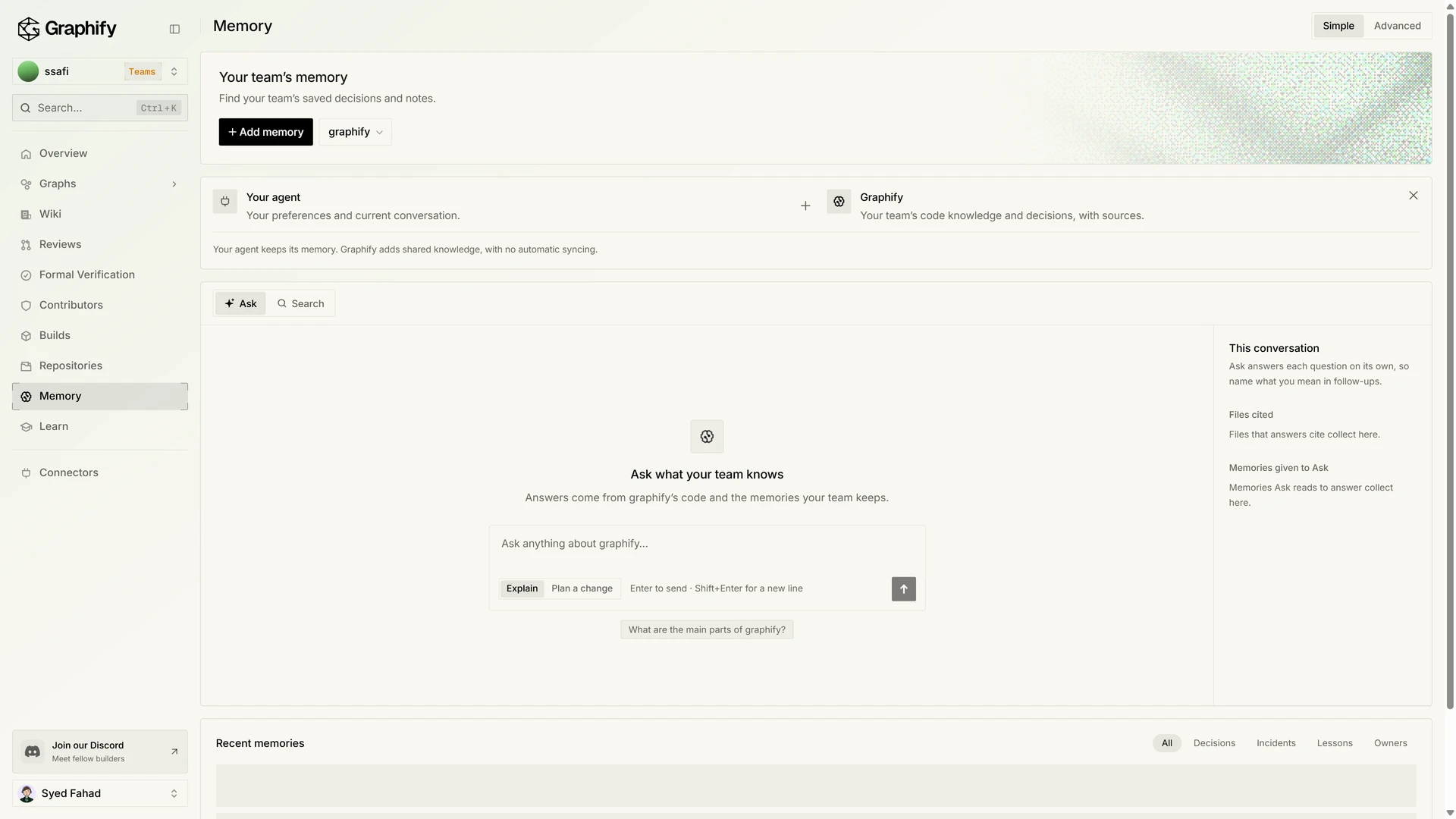 Memory for one repository, with Add memory, Ask, and Search