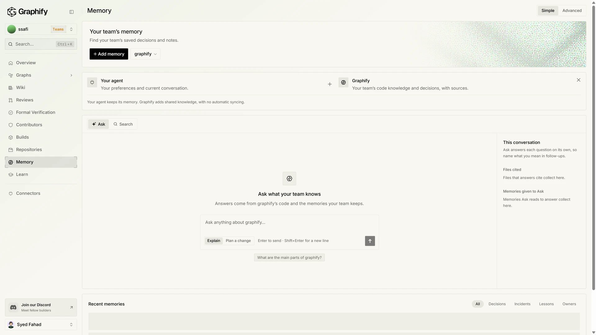 Memory for one repository, with Add memory, Ask, and Search