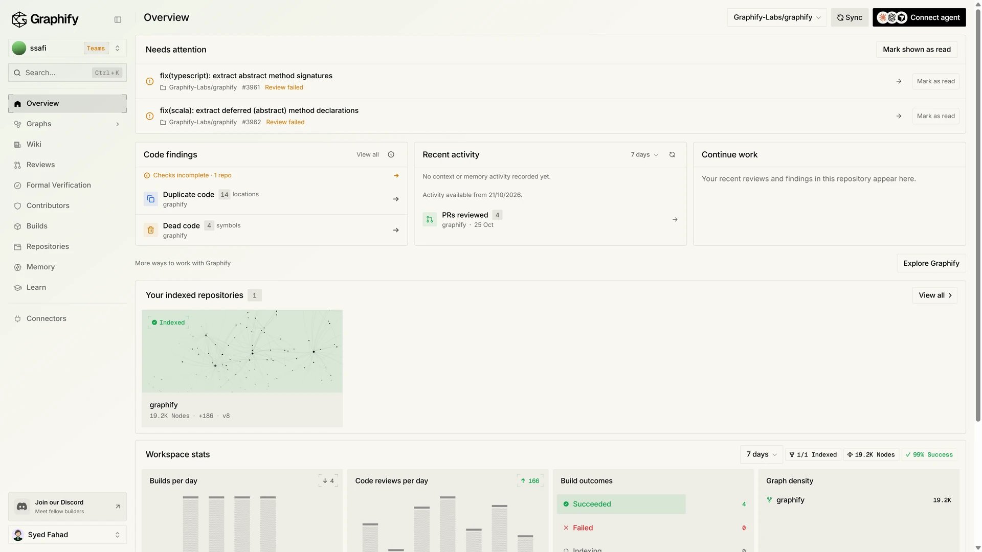 Overview with code findings, recent activity, continue work, and indexed repository cards