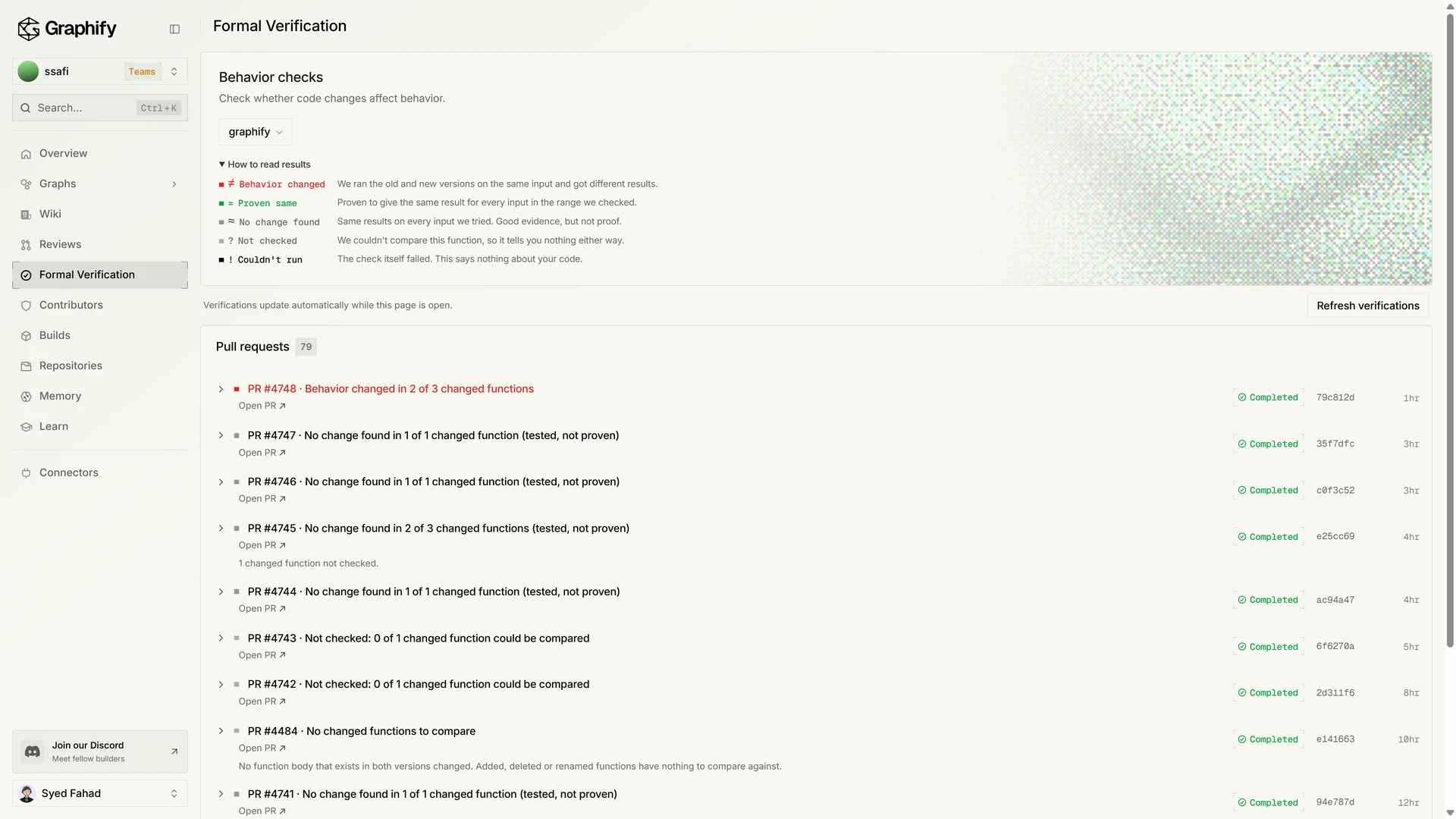 Formal Verification with behavior checks and a list of pull request results