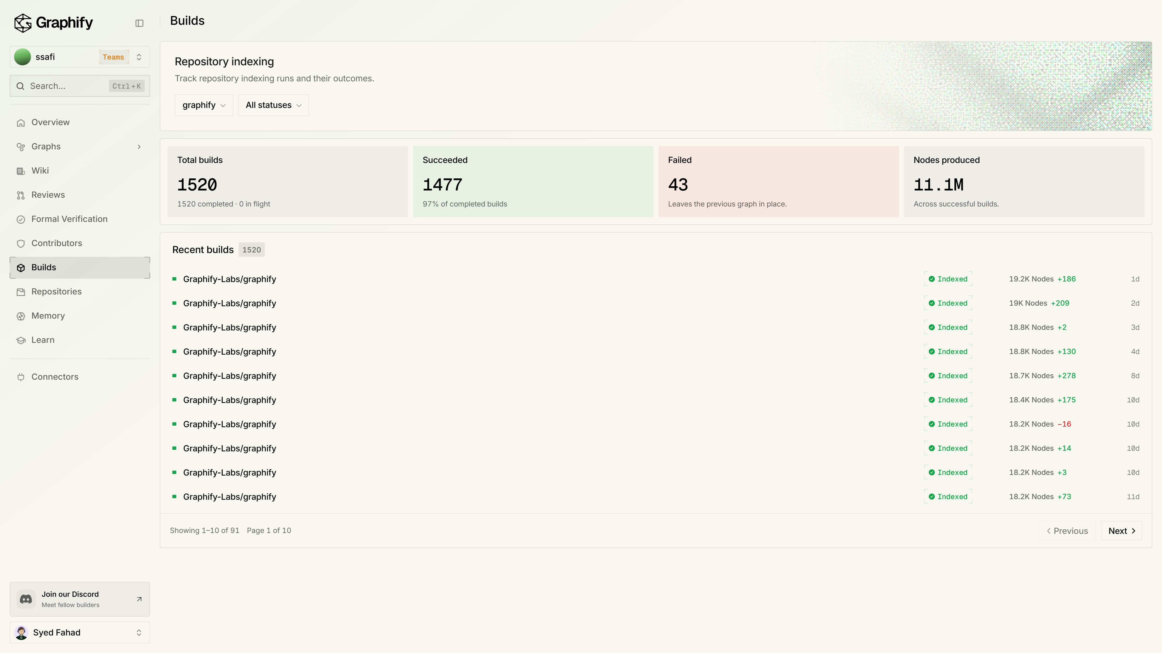 Builds with indexing totals and a list of recent indexing runs