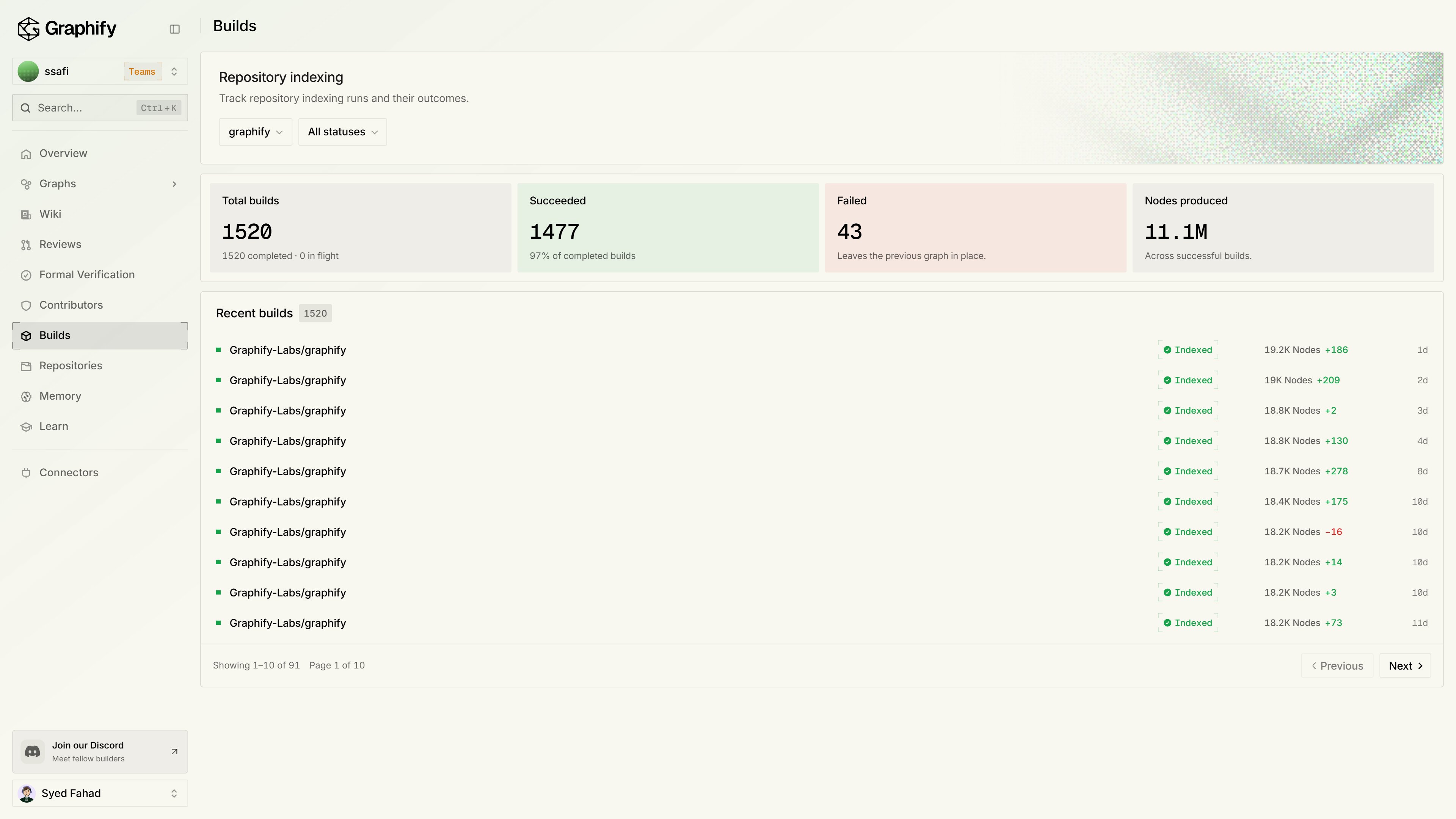 Builds with indexing totals and a list of recent indexing runs