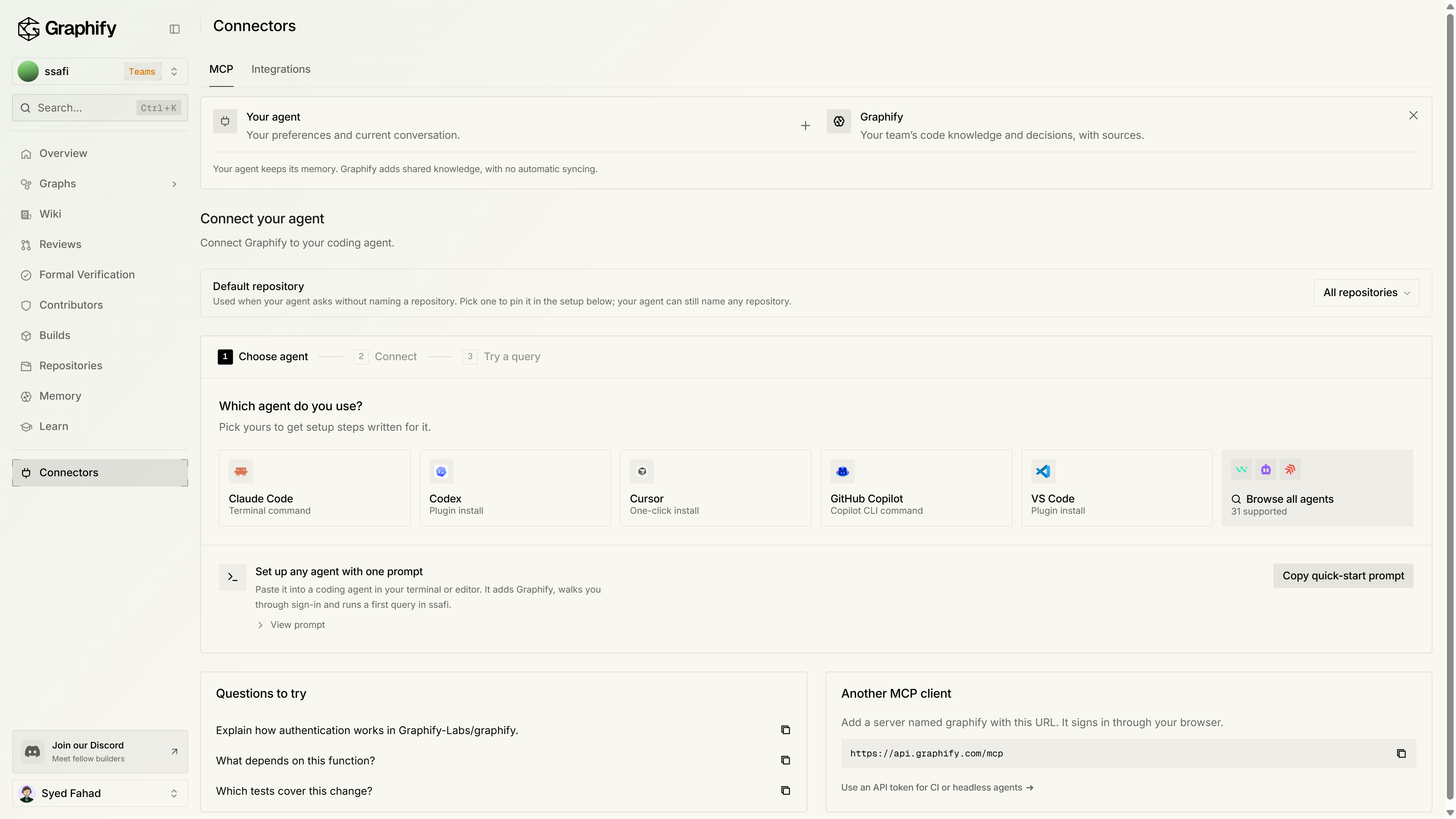Connectors MCP tab on Choose agent, with Claude Code, Codex, and Cursor