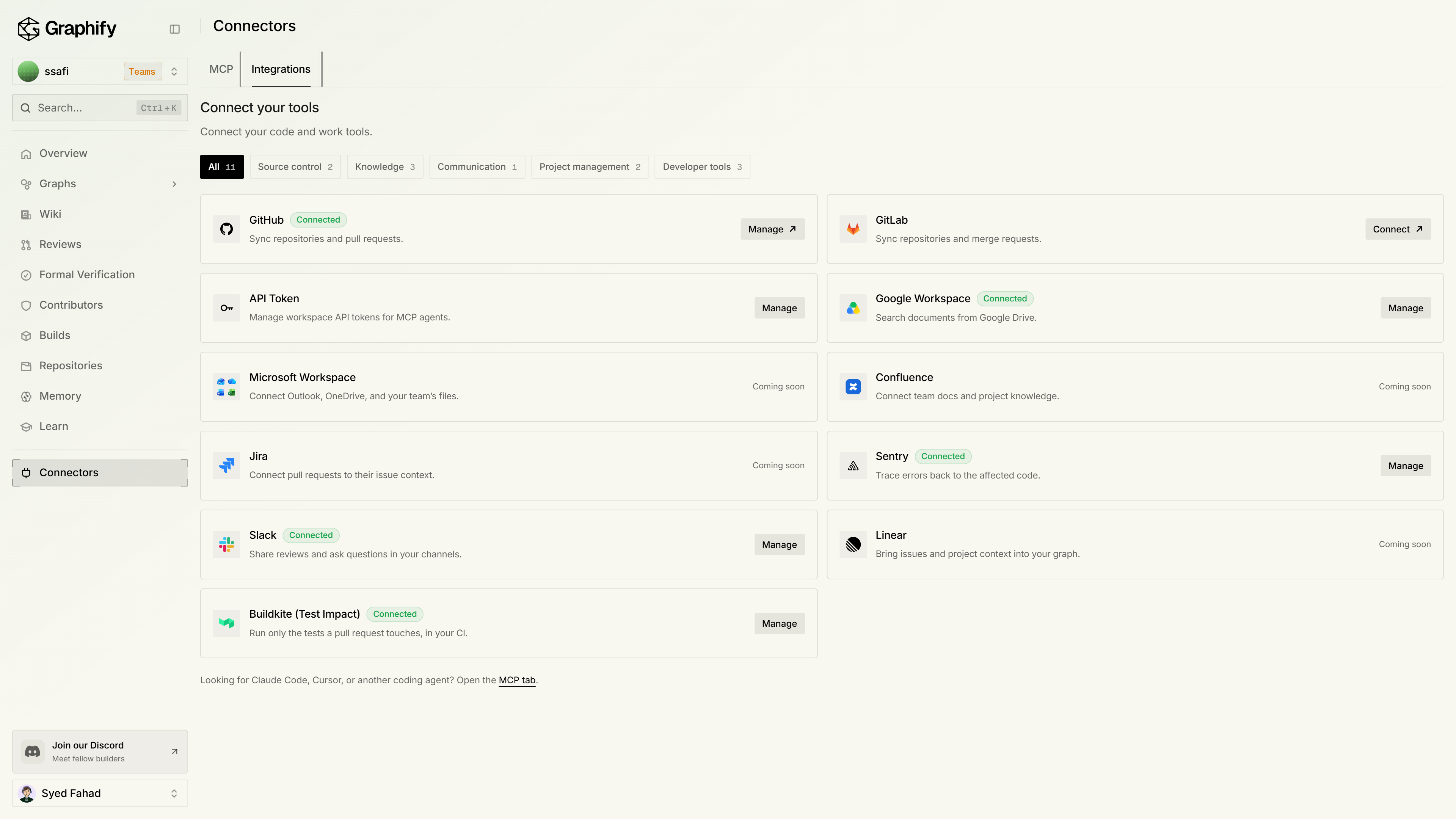 Connectors Integrations tab with GitHub, Google Workspace, and other tool tiles
