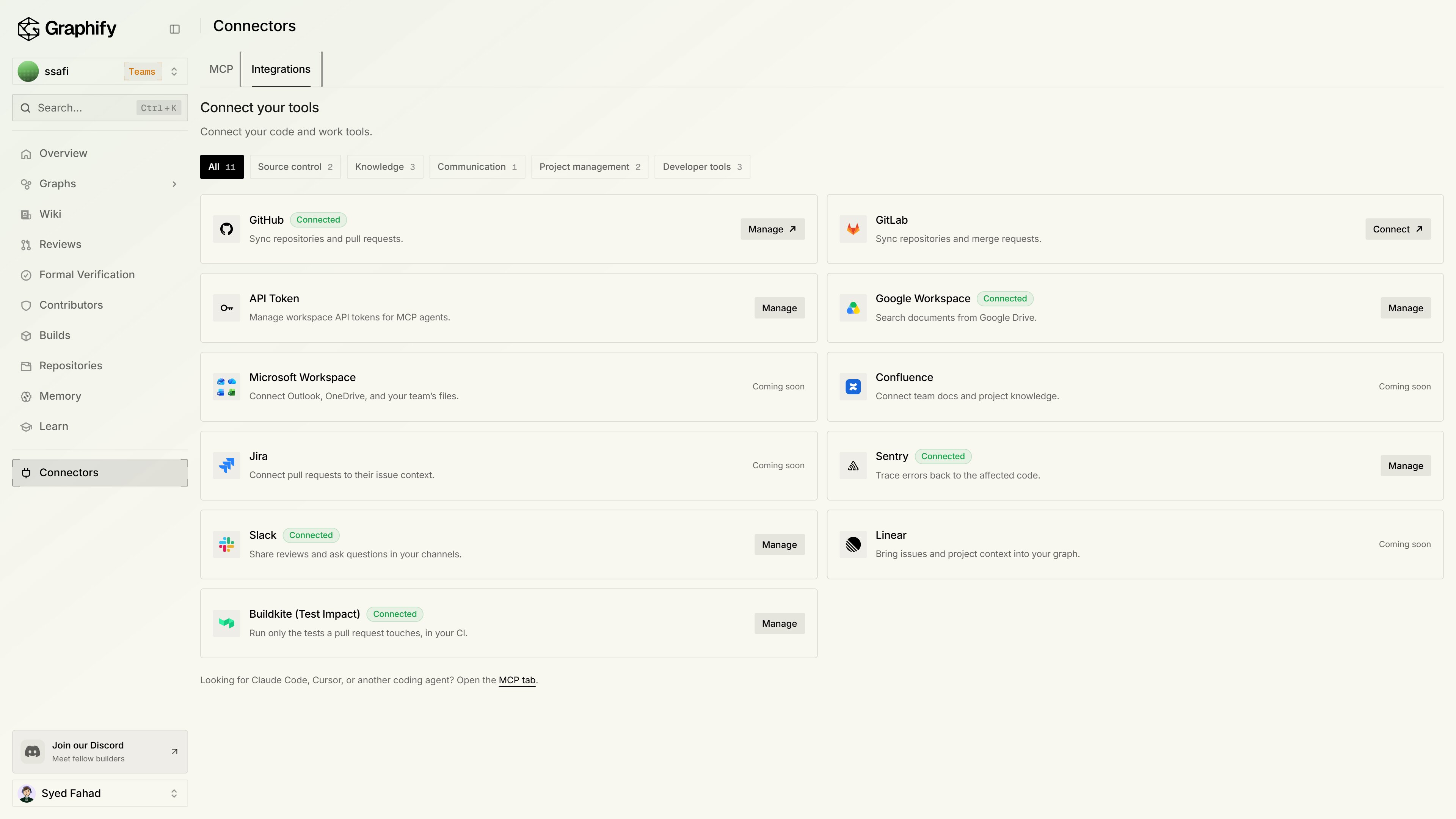 Connectors Integrations tab with GitHub, Google Workspace, and other tool tiles