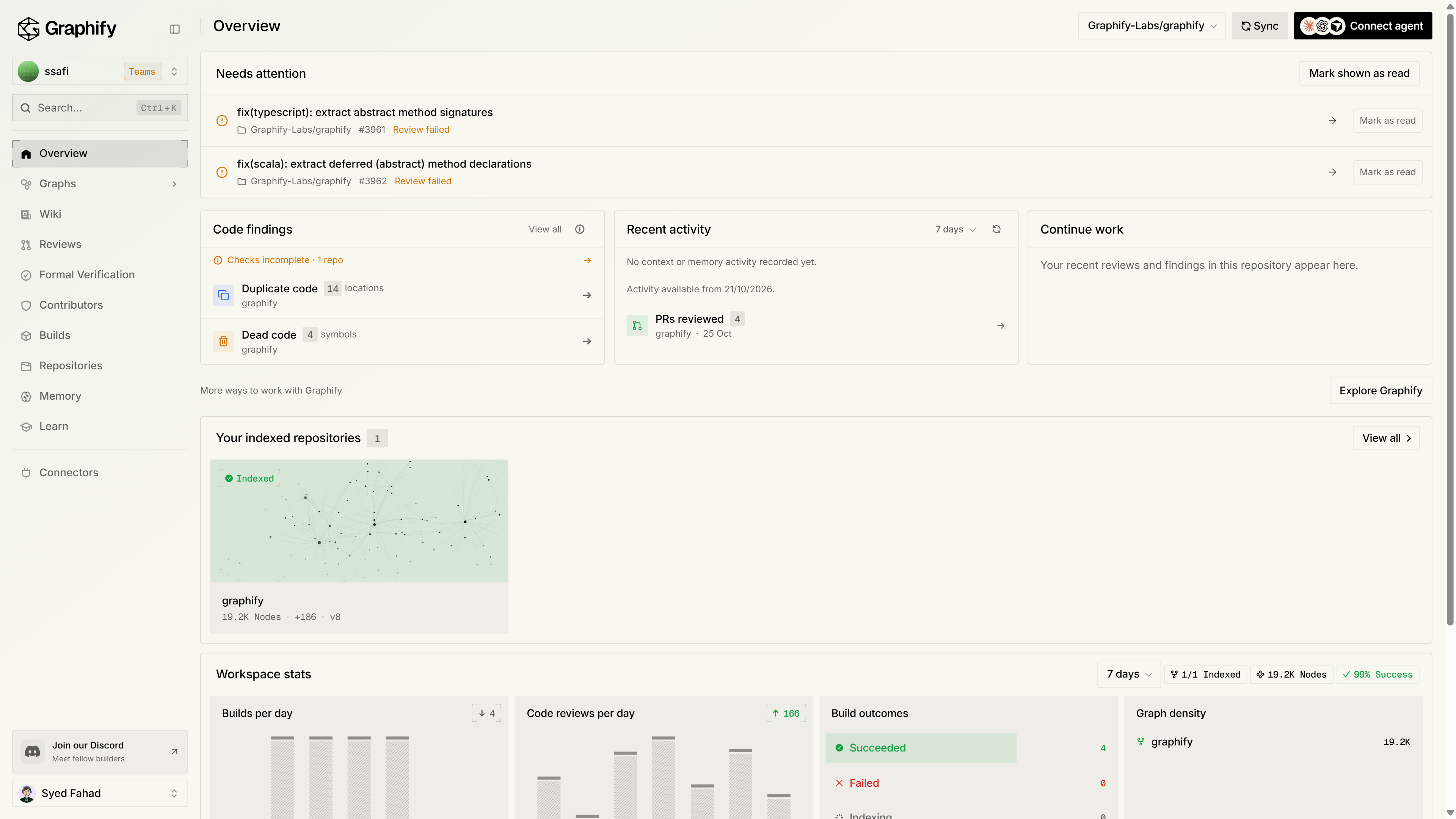 Overview with code findings, recent activity, continue work, and indexed repository cards