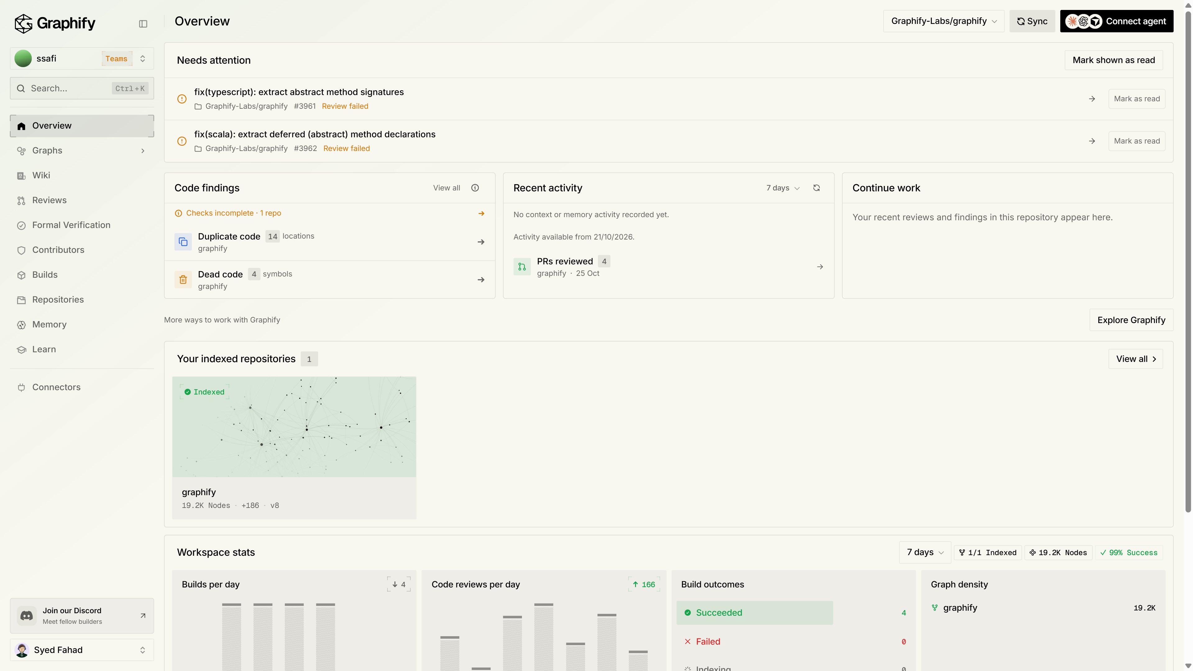 Overview with code findings, recent activity, continue work, and indexed repository cards